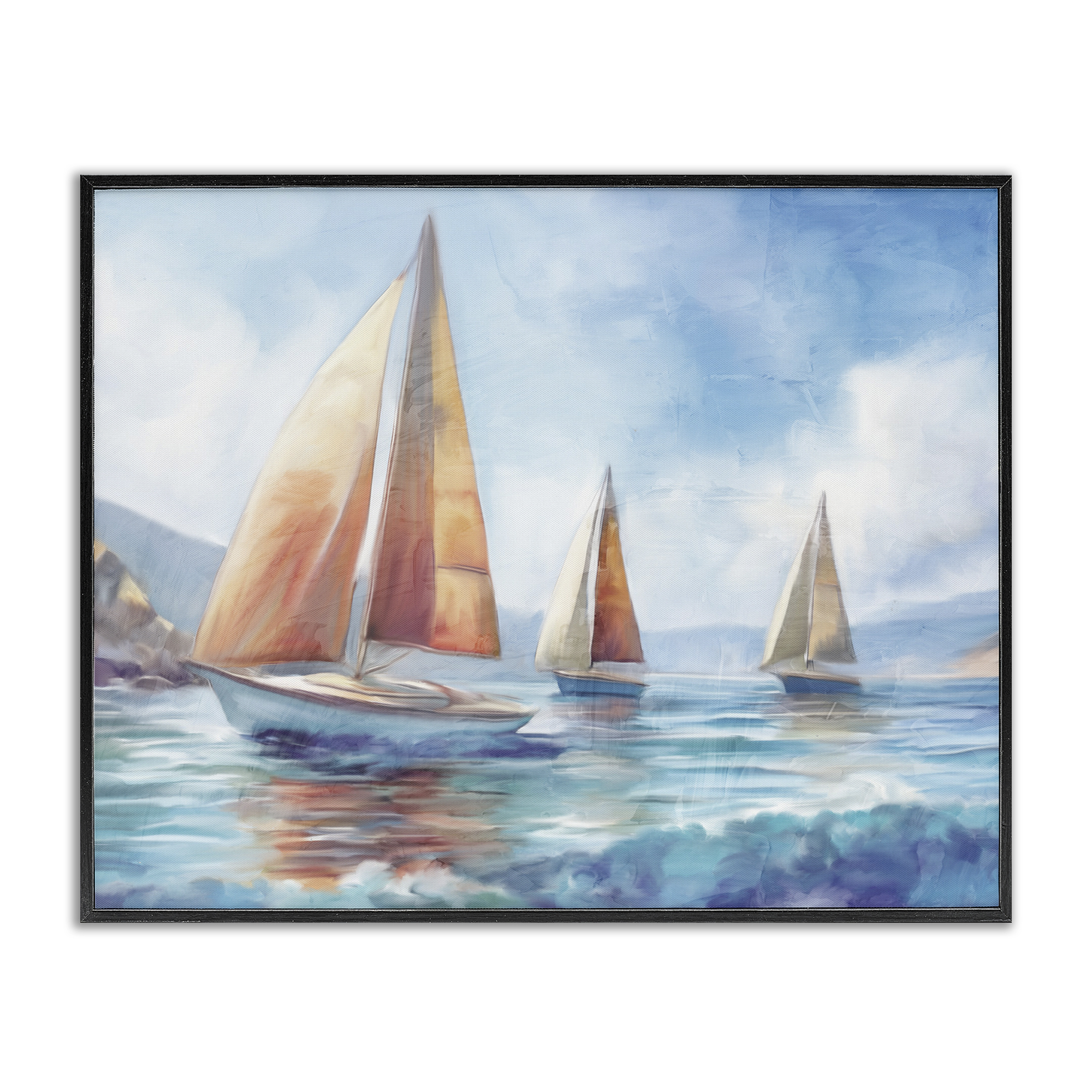 Stupell Industries Three Boats Drifting Coastal Painting Black Framed Art Print Wall Art, 20 x 16