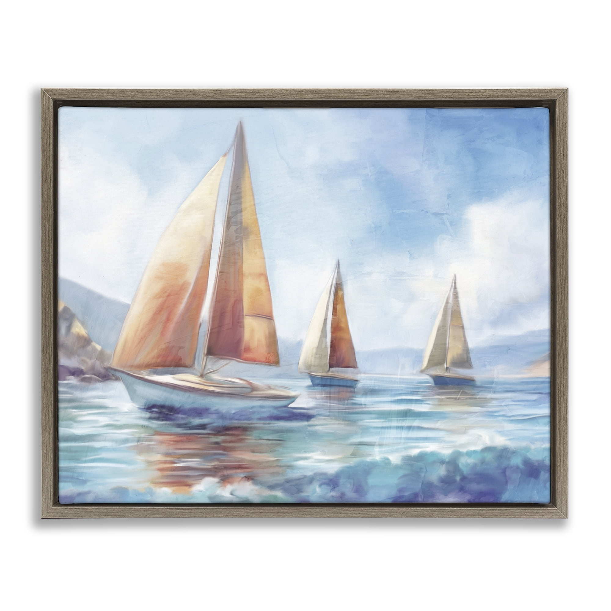 Stupell Industries Three Boats Drifting Coastal Painting Brown Floater Framed Canvas Art Print Wall Art, 31 x 25