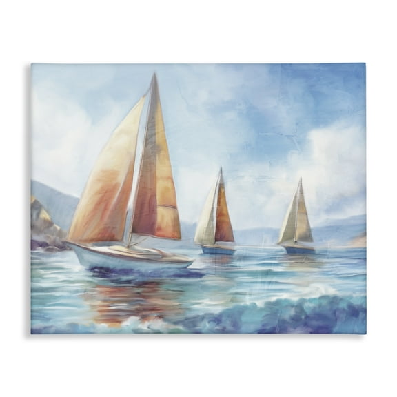 Stupell Industries Three Boats Drifting Coastal Painting Gallery Wrapped Canvas Art Print Wall Art, 20 x 16