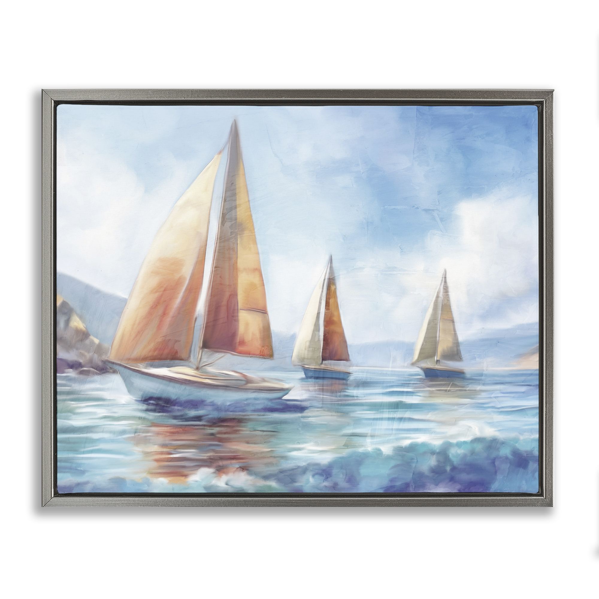 Stupell Industries Three Boats Drifting Coastal Painting Gray Floater Framed Canvas Art Print Wall Art, 21 x 17