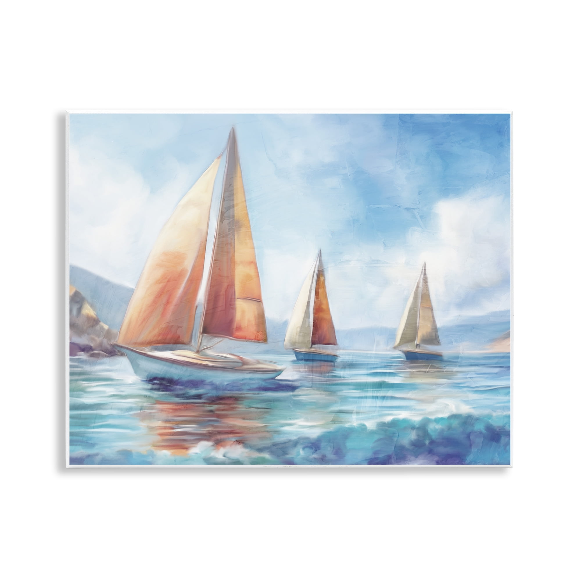 Stupell Industries Three Boats Drifting Coastal Painting Unframed Art Print Wall Art, 14 x 11