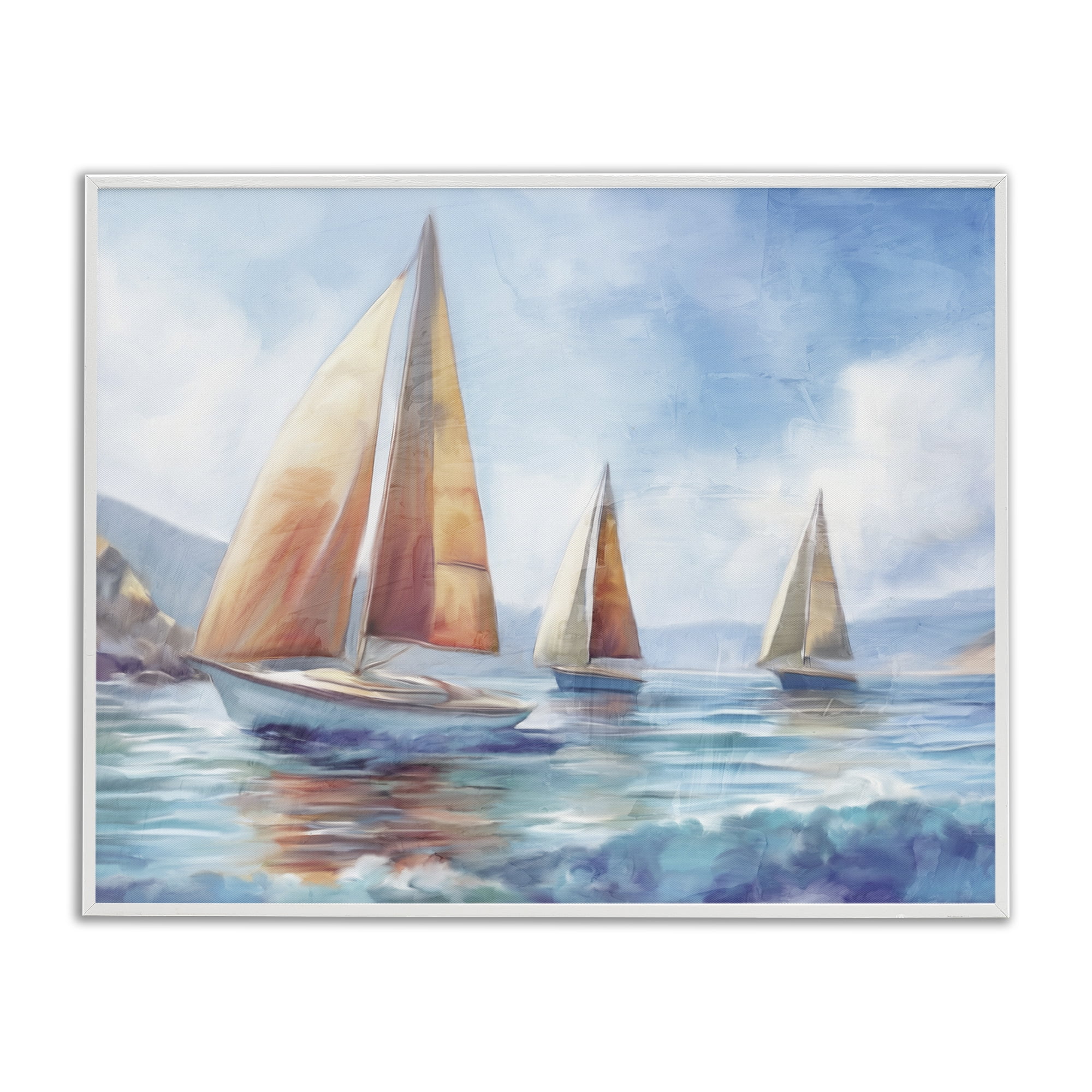 Stupell Industries Three Boats Drifting Coastal Painting White Framed Art Print Wall Art, 14 x 11