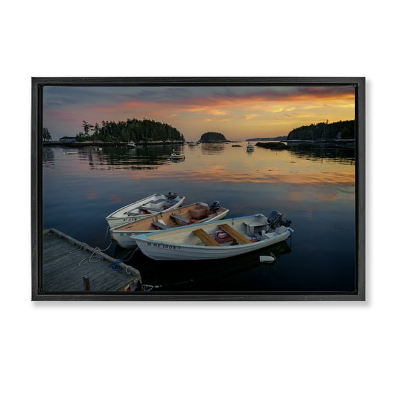 Stupell Industries Three Boats at Sunset Nautical & Beach Photography Black Floater Framed Canvas Art Print Wall Art, 25 x 17