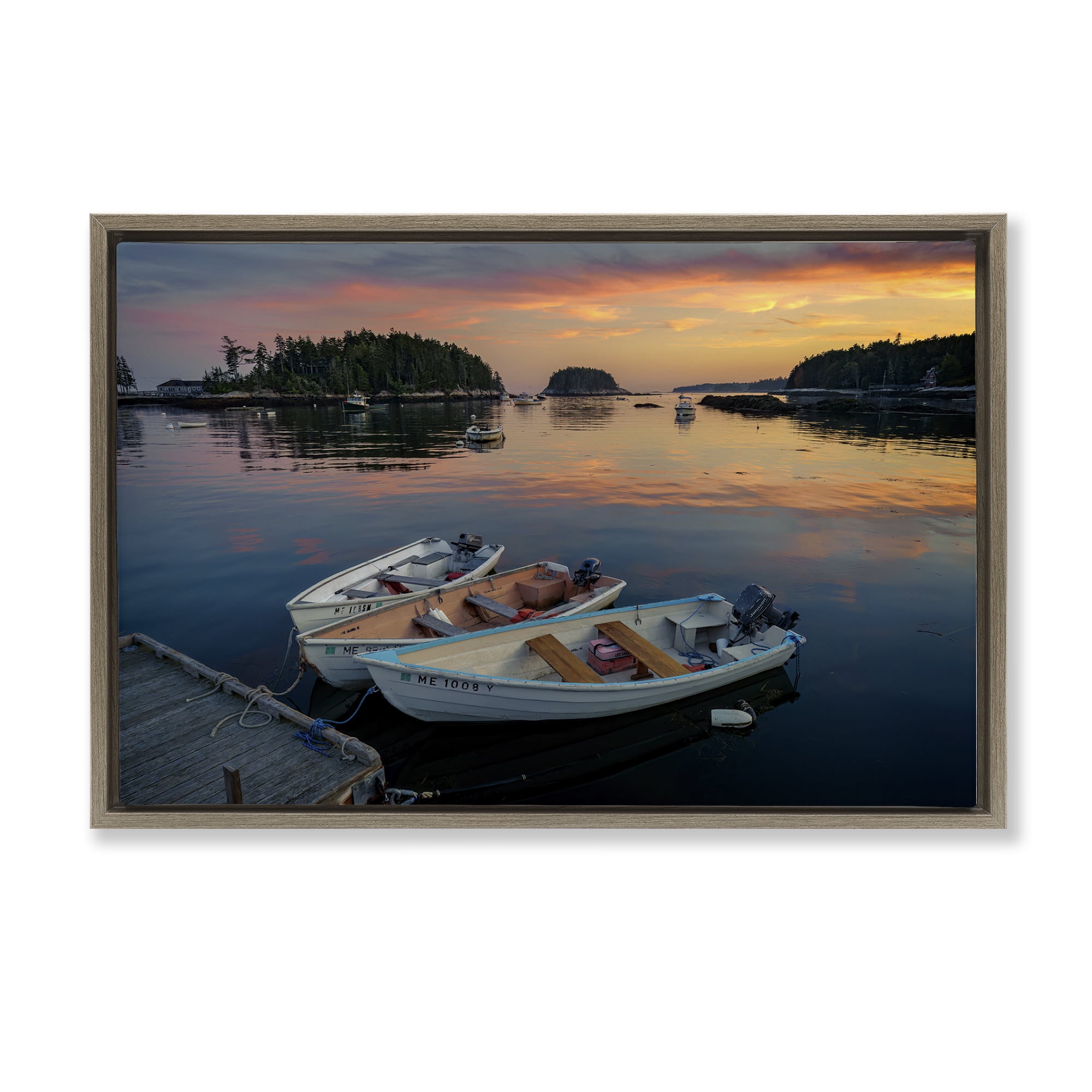 Stupell Industries Three Boats at Sunset Nautical & Beach Photography Brown Floater Framed Canvas Art Print Wall Art, 25 x 17