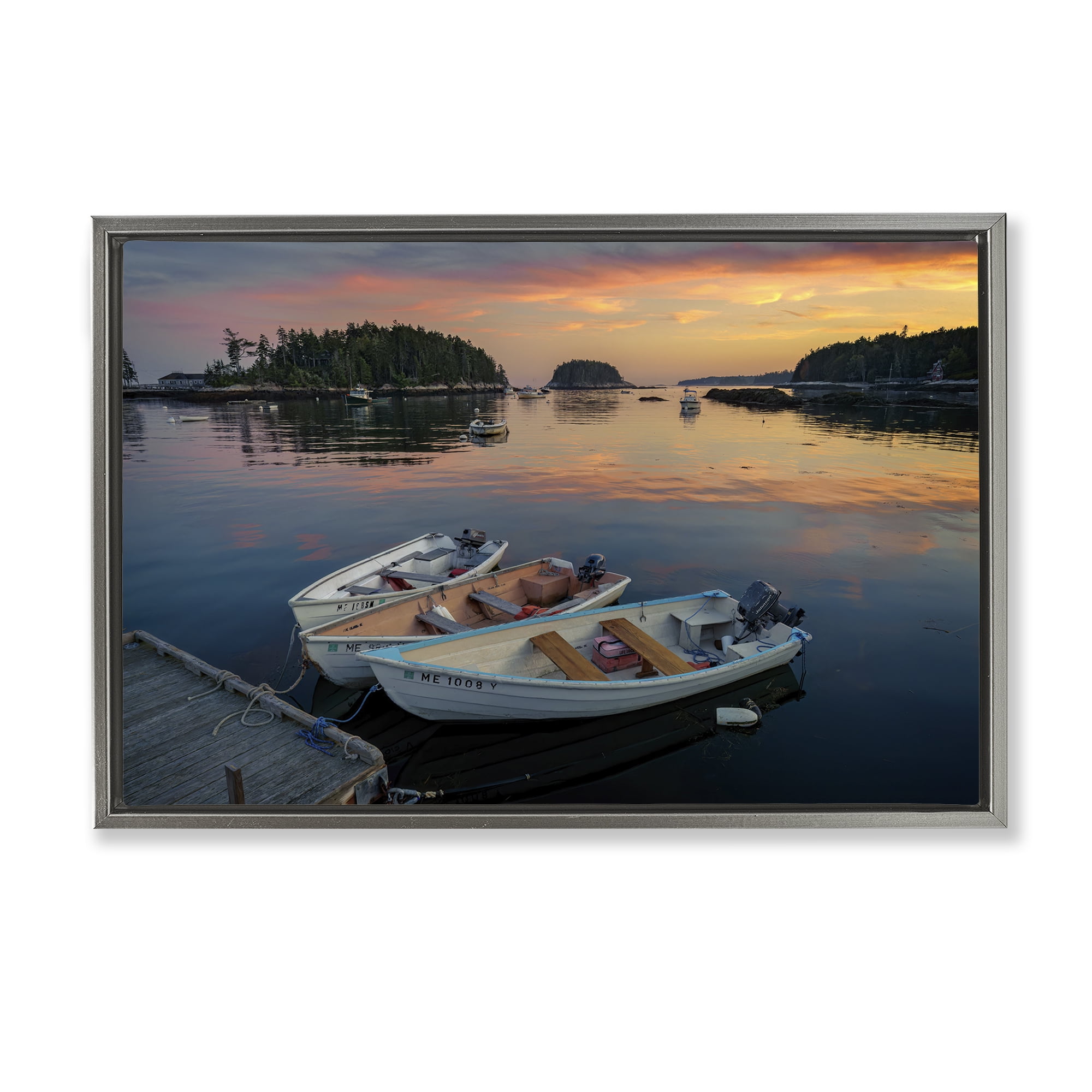 Stupell Industries Three Boats at Sunset Nautical & Beach Photography Gray Floater Framed Canvas Art Print Wall Art, 31 x 21