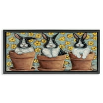 Stupell Industries Three Bunnies in Pots Animals & Insects Painting Black Floater Framed Canvas Art Print Wall Art, 25 x 11
