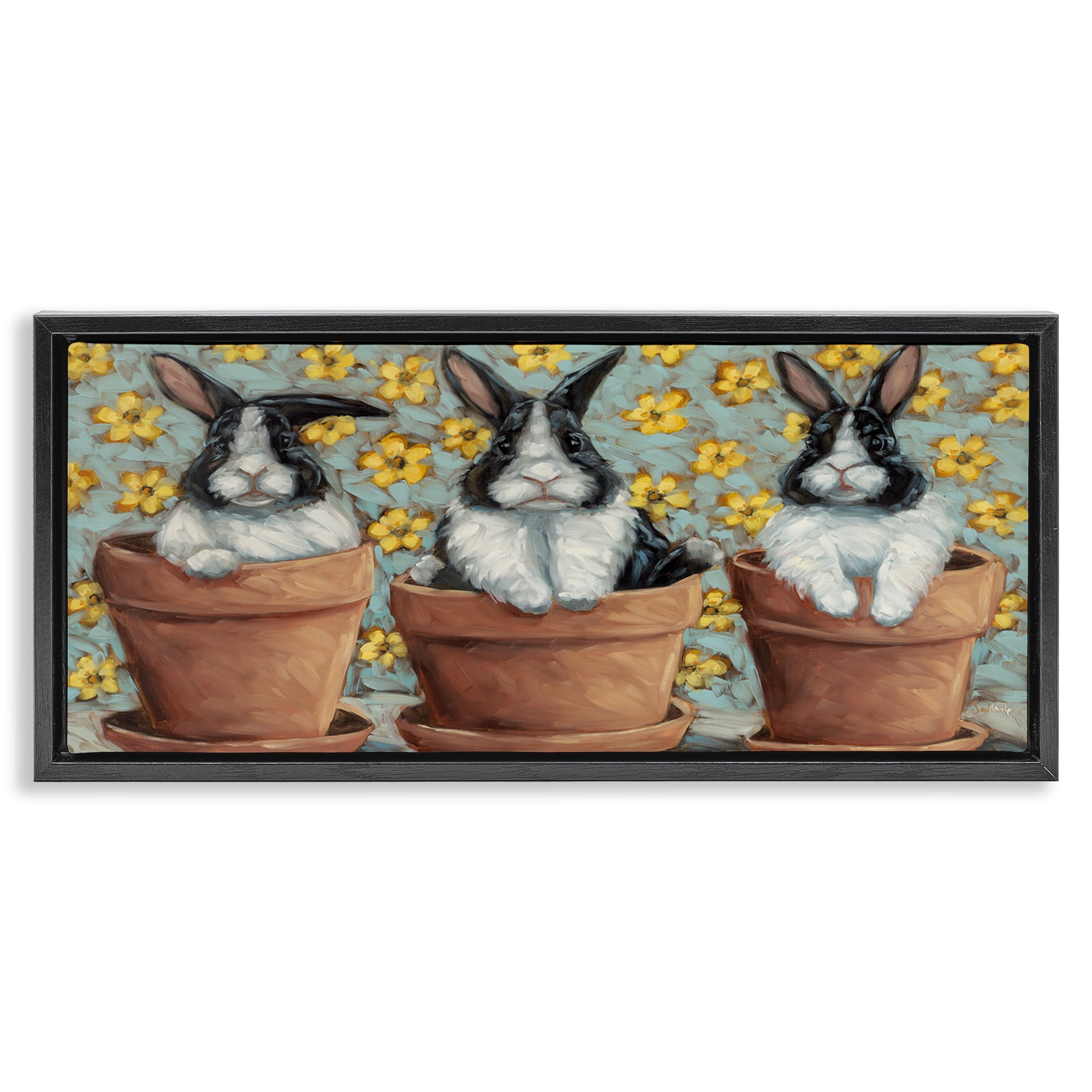 Stupell Industries Three Bunnies in Pots Animals & Insects Painting Black Floater Framed Canvas Art Print Wall Art, 31 x 14