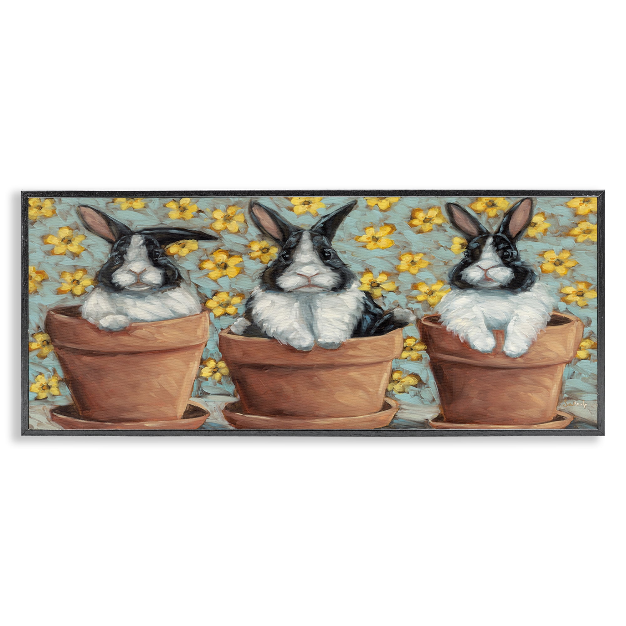 Stupell Industries Three Bunnies in Pots Animals & Insects Painting Black Framed Art Print Wall Art, 30 x 13