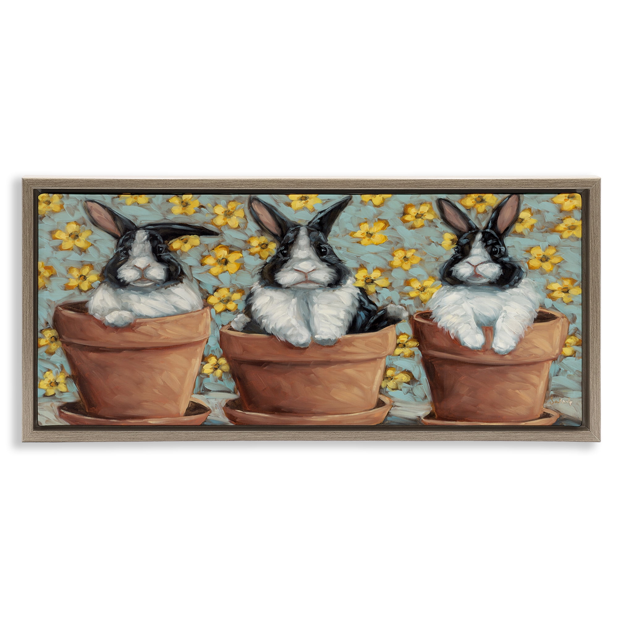 Stupell Industries Three Bunnies in Pots Animals & Insects Painting Brown Floater Framed Canvas Art Print Wall Art, 31 x 14
