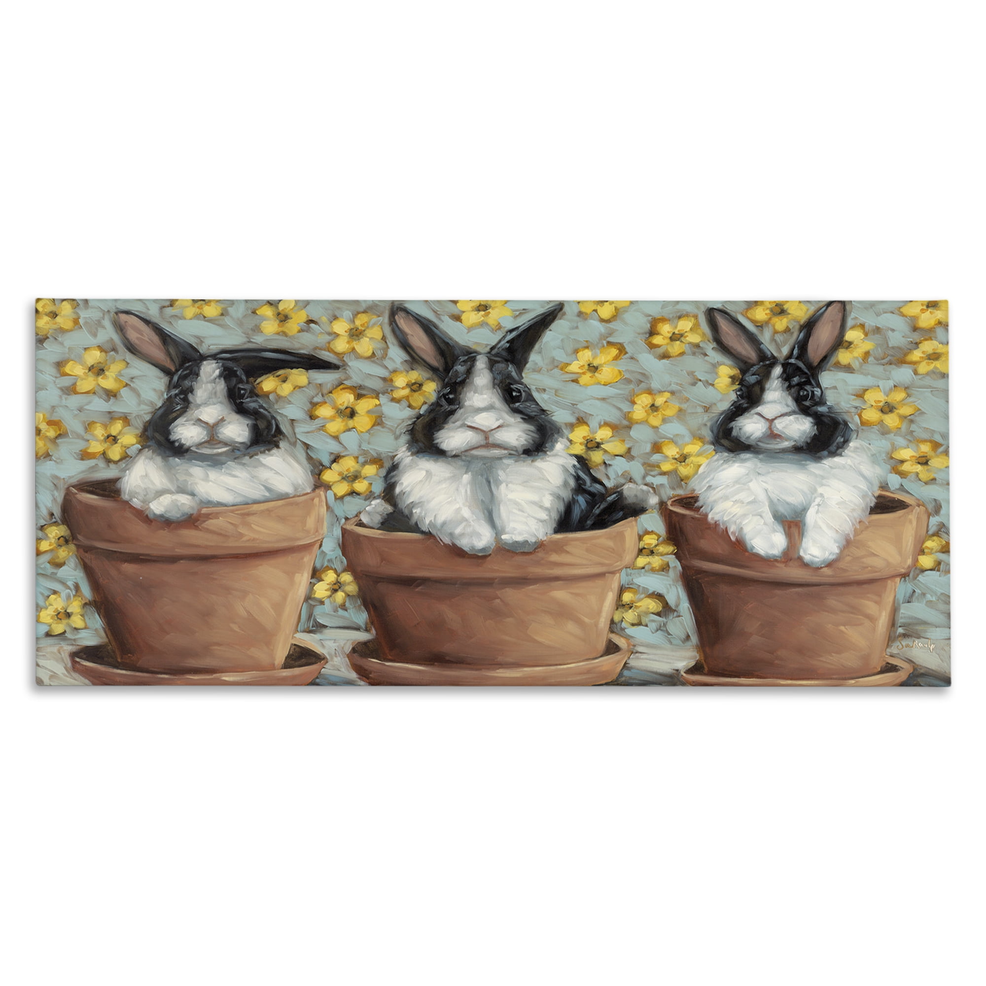Stupell Industries Three Bunnies in Pots Animals & Insects Painting Gallery Wrapped Canvas Art Print Wall Art, 30 x 13