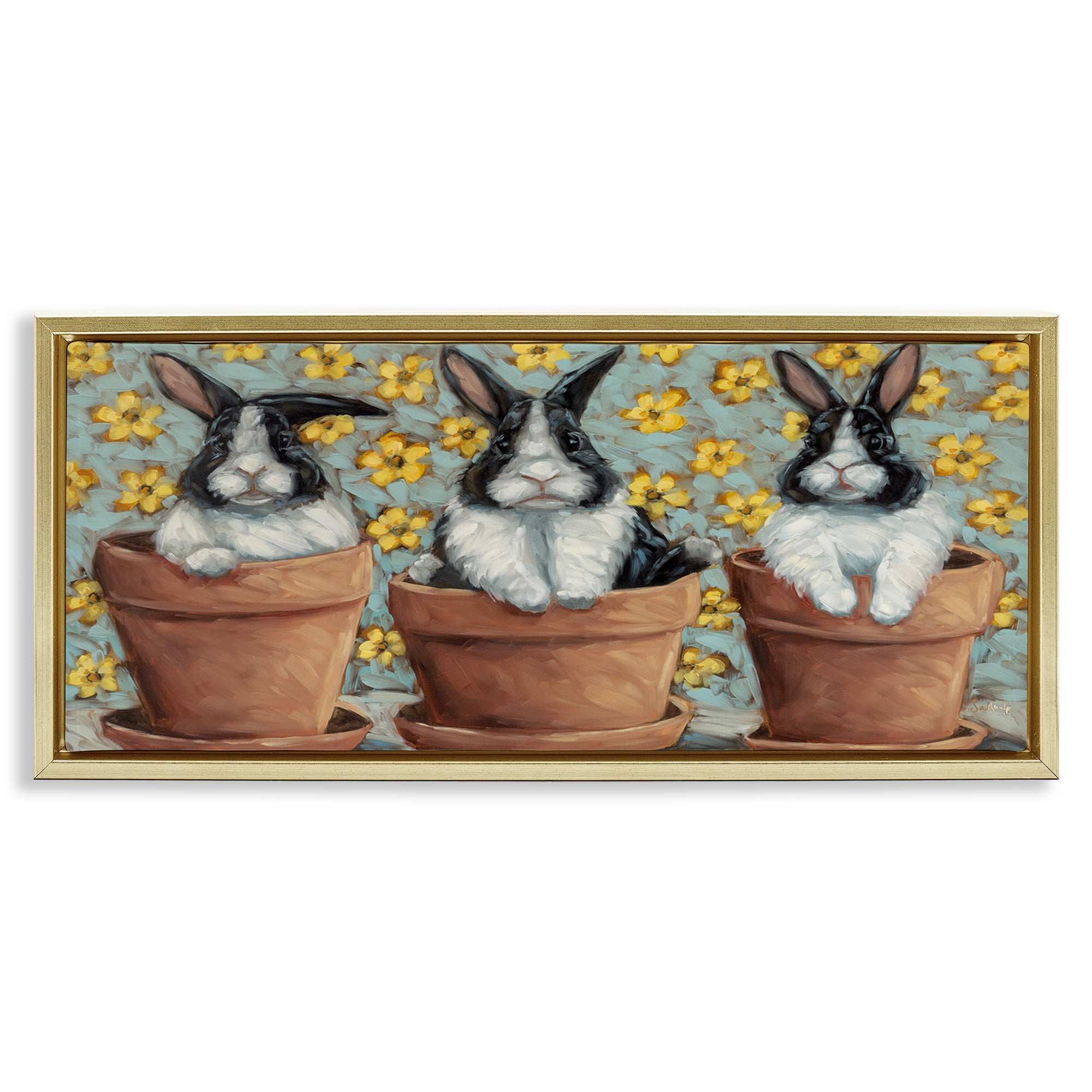 Stupell Industries Three Bunnies in Pots Animals & Insects Painting Gold Floater Framed Canvas Art Print Wall Art, 25 x 11