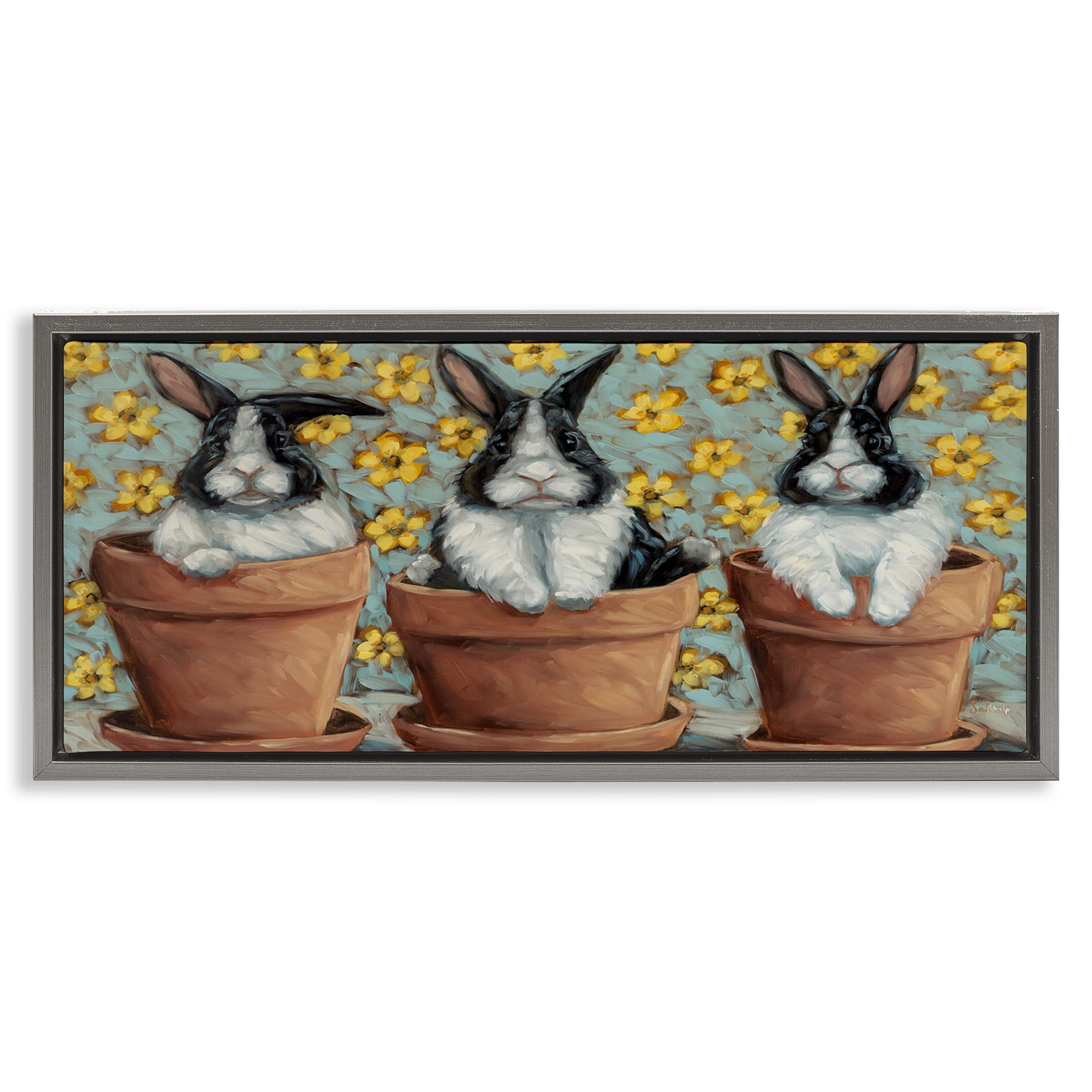Stupell Industries Three Bunnies in Pots Animals & Insects Painting Gray Floater Framed Canvas Art Print Wall Art, 31 x 14