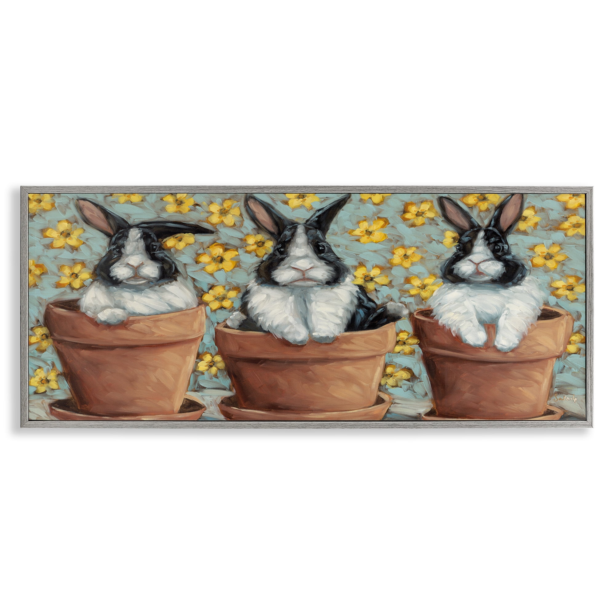 Stupell Industries Three Bunnies in Pots Animals & Insects Painting Gray Framed Art Print Wall Art, 24 x 10