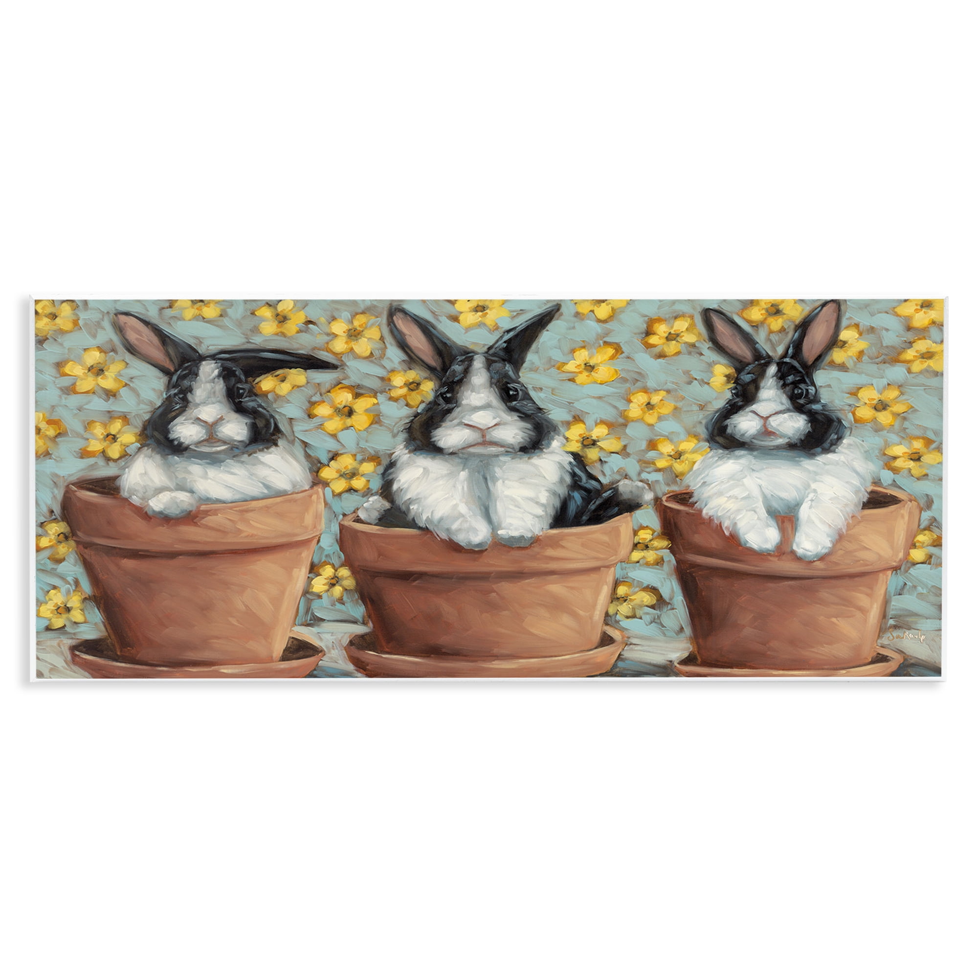 Stupell Industries Three Bunnies in Pots Animals & Insects Painting Unframed Art Print Wall Art, 17 x 7