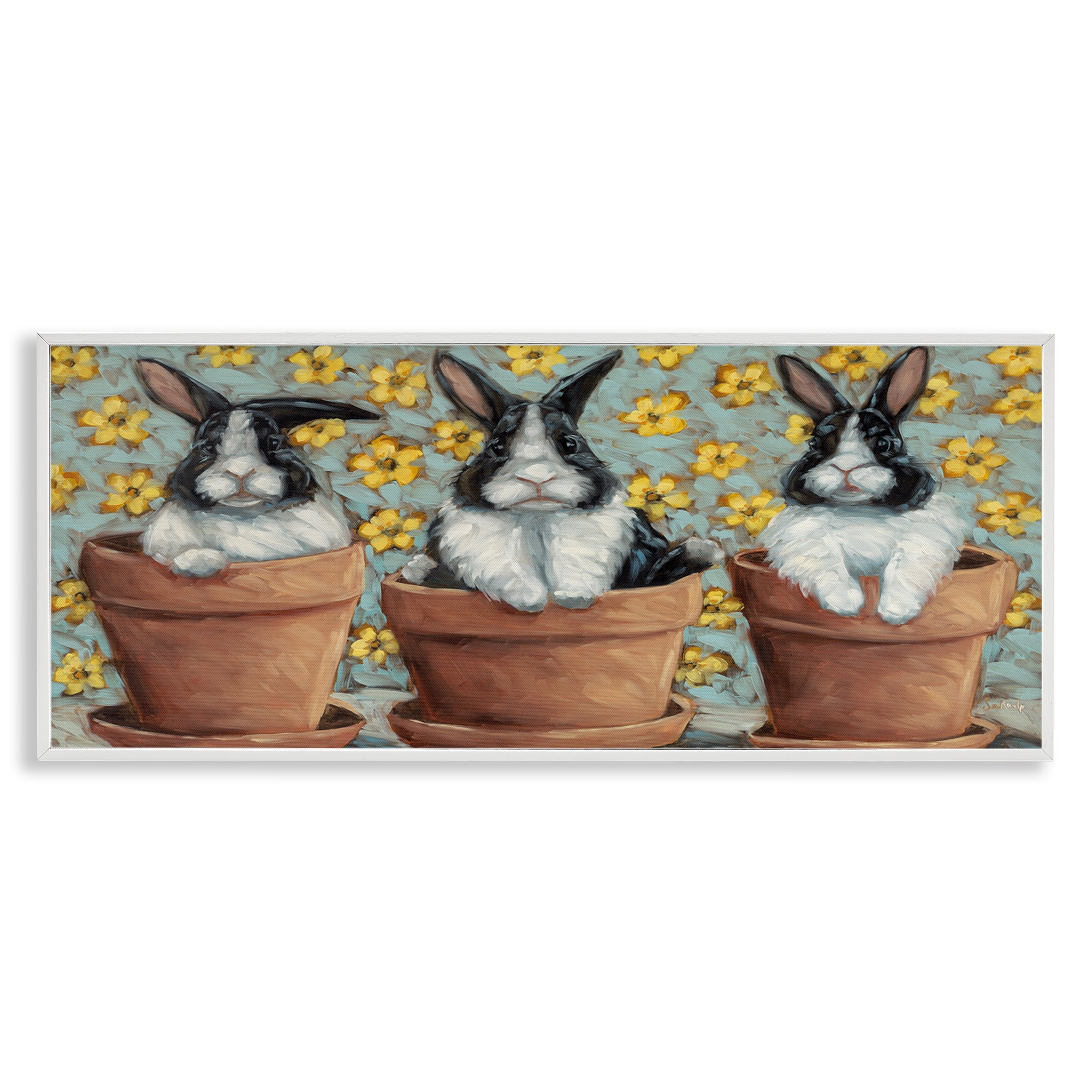 White Framed Canvas Print of Three Bunnies in Pots, 30 x 13