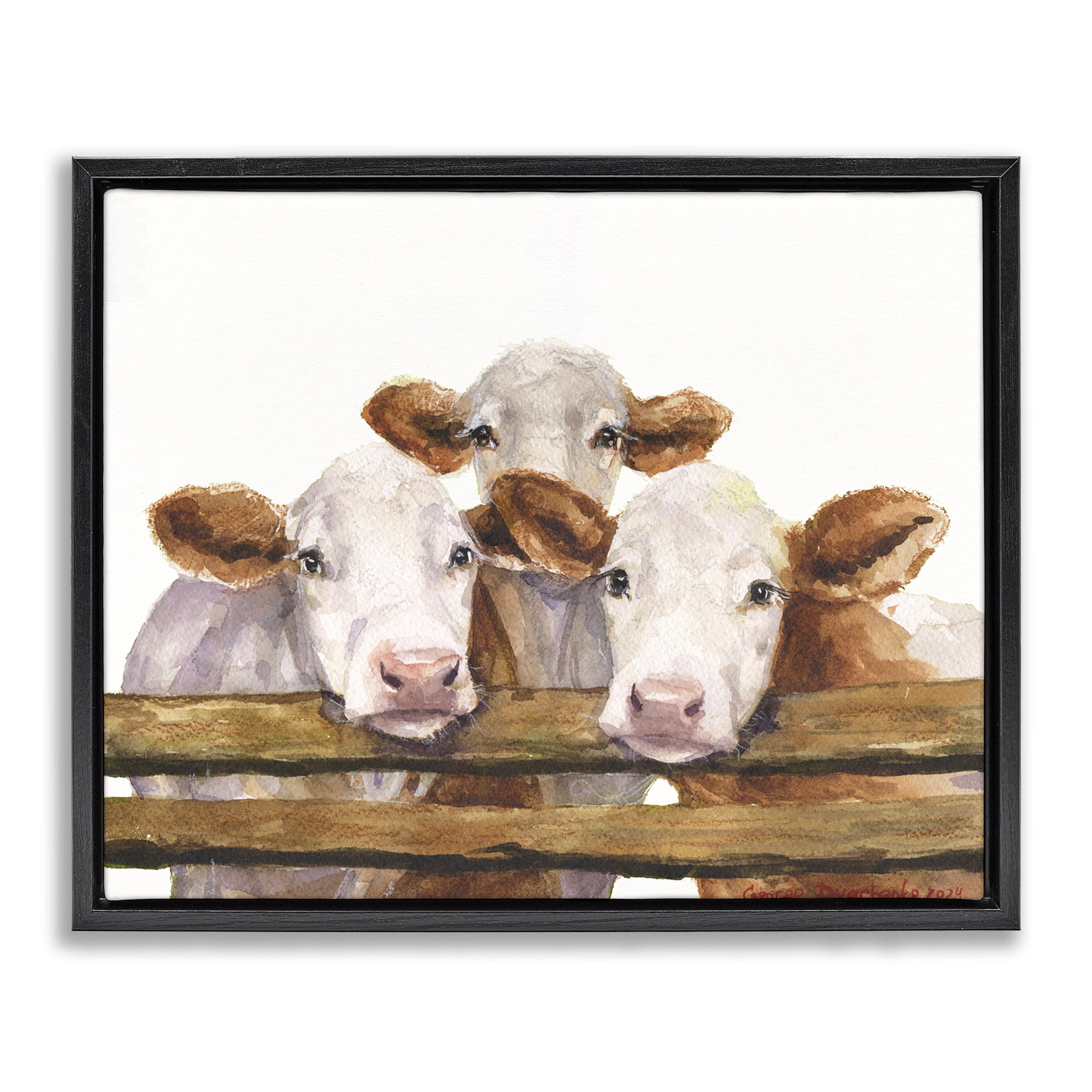 Stupell Industries Three Cow Friends Animals Painting Black Floater Framed Canvas Art Print Wall Art, 31 x 25