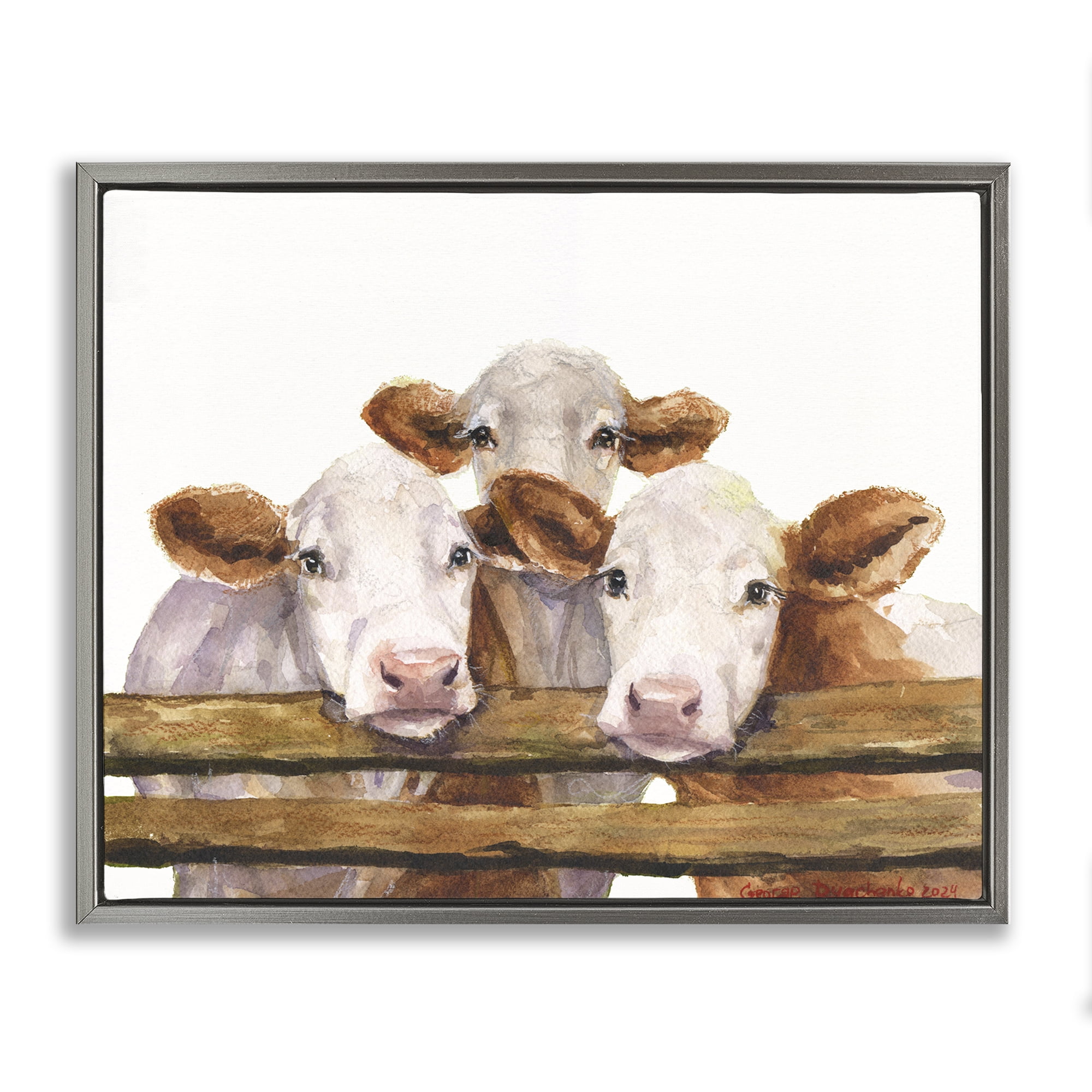 Stupell Industries Three Cow Friends Animals Painting Gray Floater Framed Canvas Art Print Wall Art, 31 x 25