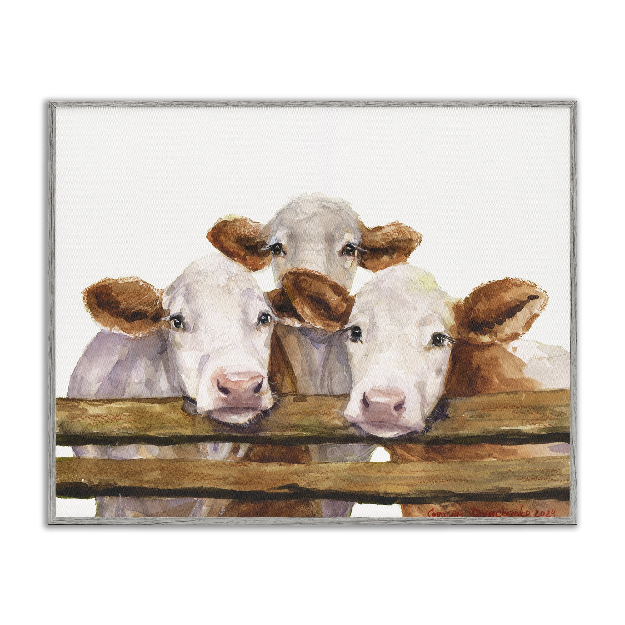Stupell Industries Three Cow Friends Animals Painting Gray Framed Art Print Wall Art, 30 x 24