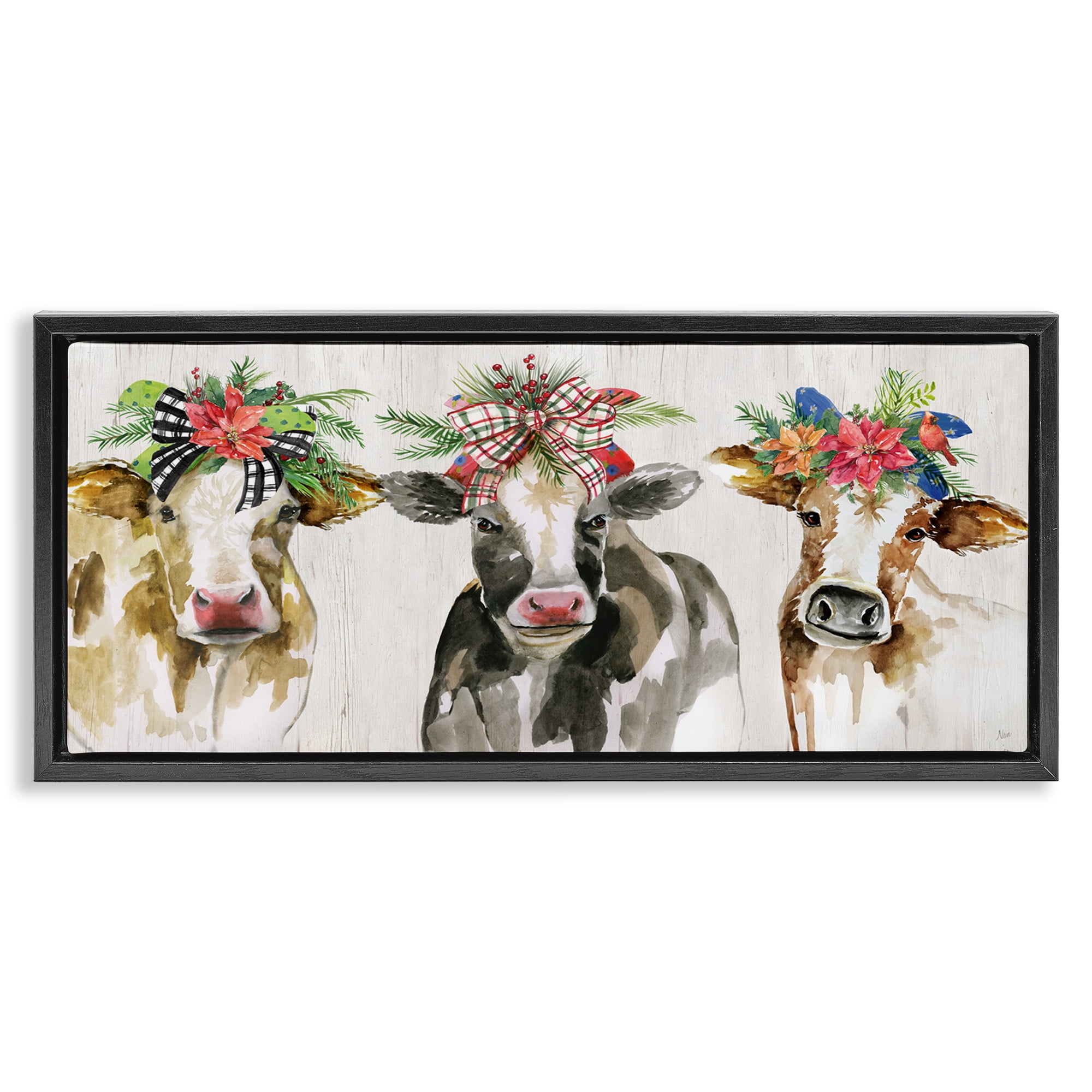 Stupell Industries Three Cows Seasonal Floral Crowns Animals & Insects Painting Black Floater Framed Canvas Art Print Wall Art, 31 x 14