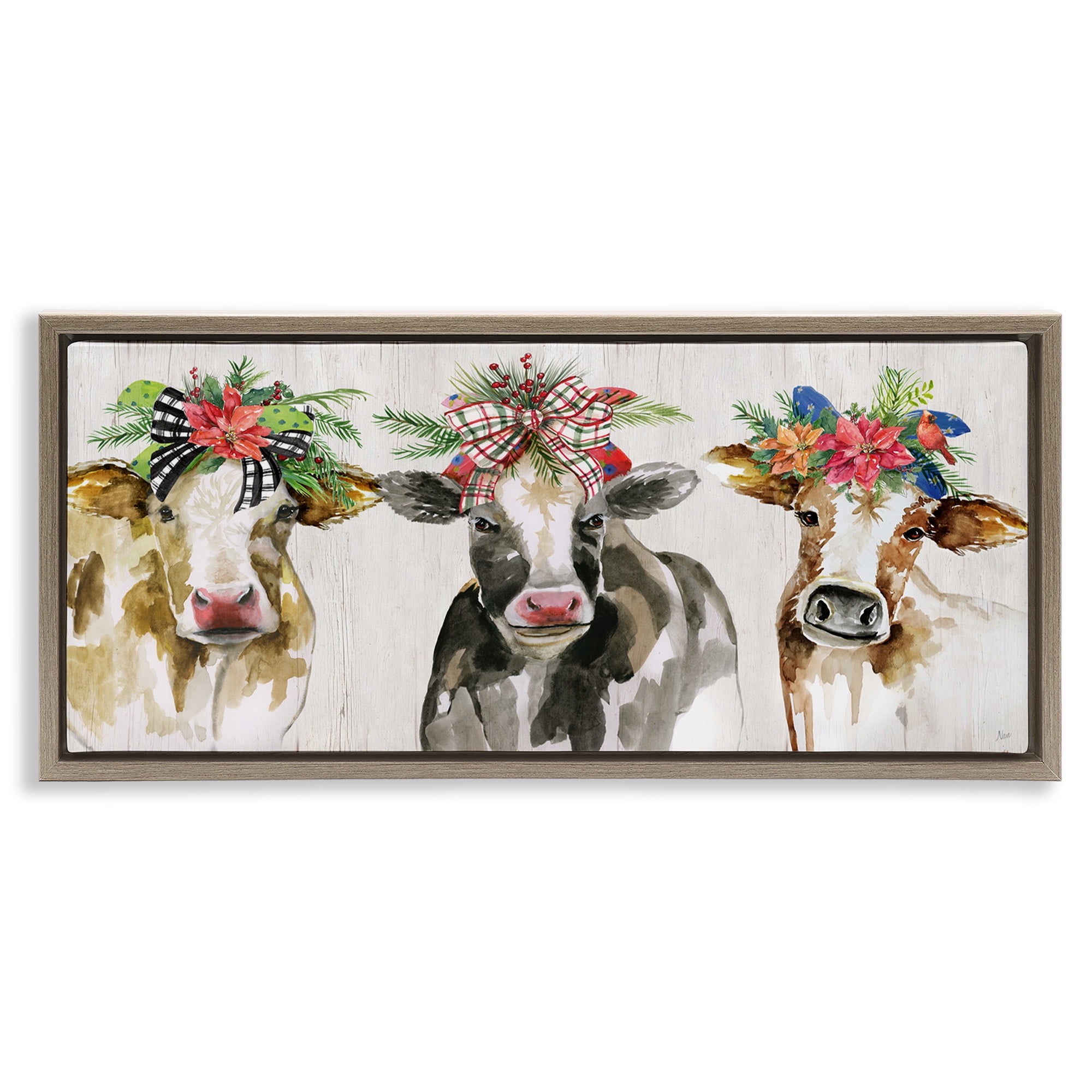 Stupell Industries Three Cows Seasonal Floral Crowns Animals & Insects Painting Brown Floater Framed Canvas Art Print Wall Art, 25 x 11