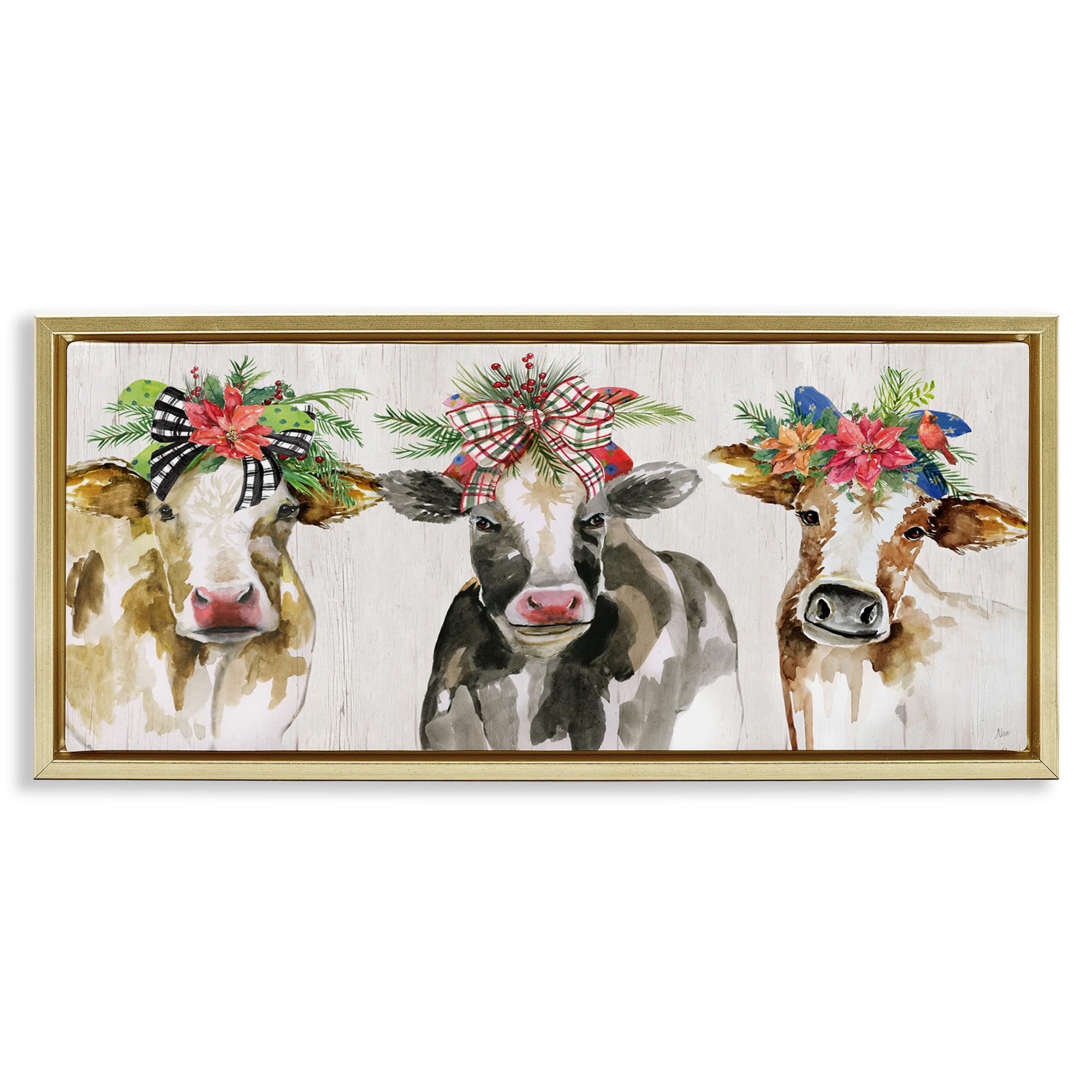 Stupell Industries Three Cows Seasonal Floral Crowns Animals & Insects Painting Gold Floater Framed Canvas Art Print Wall Art, 31 x 14