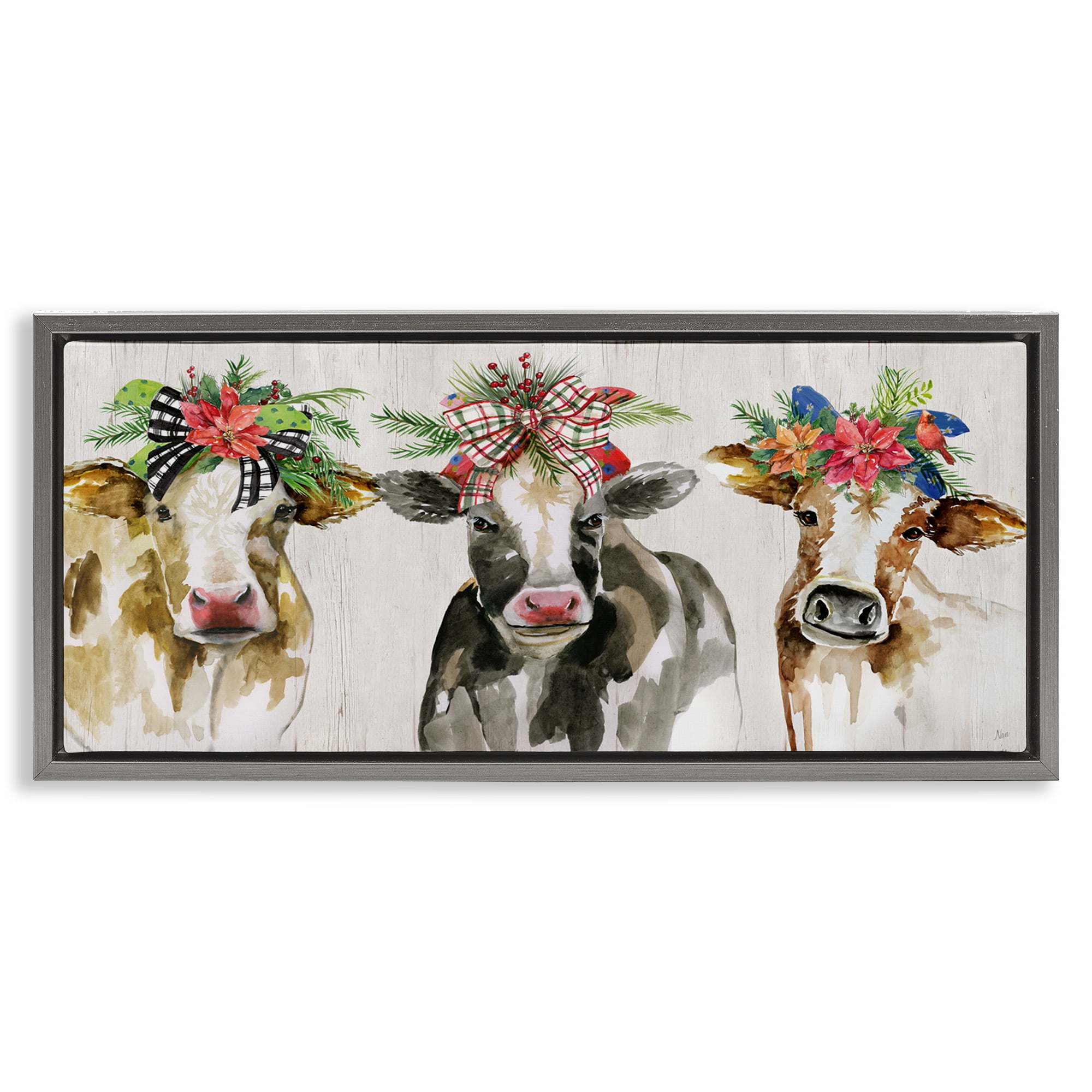 Stupell Industries Three Cows Seasonal Floral Crowns Animals & Insects Painting Gray Floater Framed Canvas Art Print Wall Art, 31 x 14