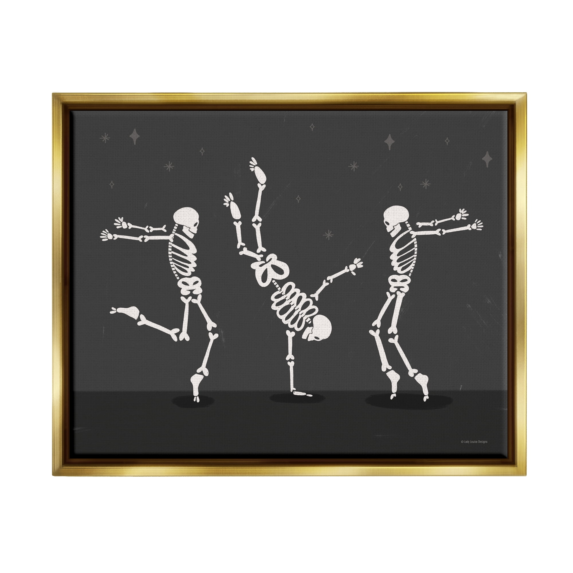 Stupell Industries Three Dancing Skeletons Holiday Painting Gold Floater Framed Art Print Wall Art, 21 x 17