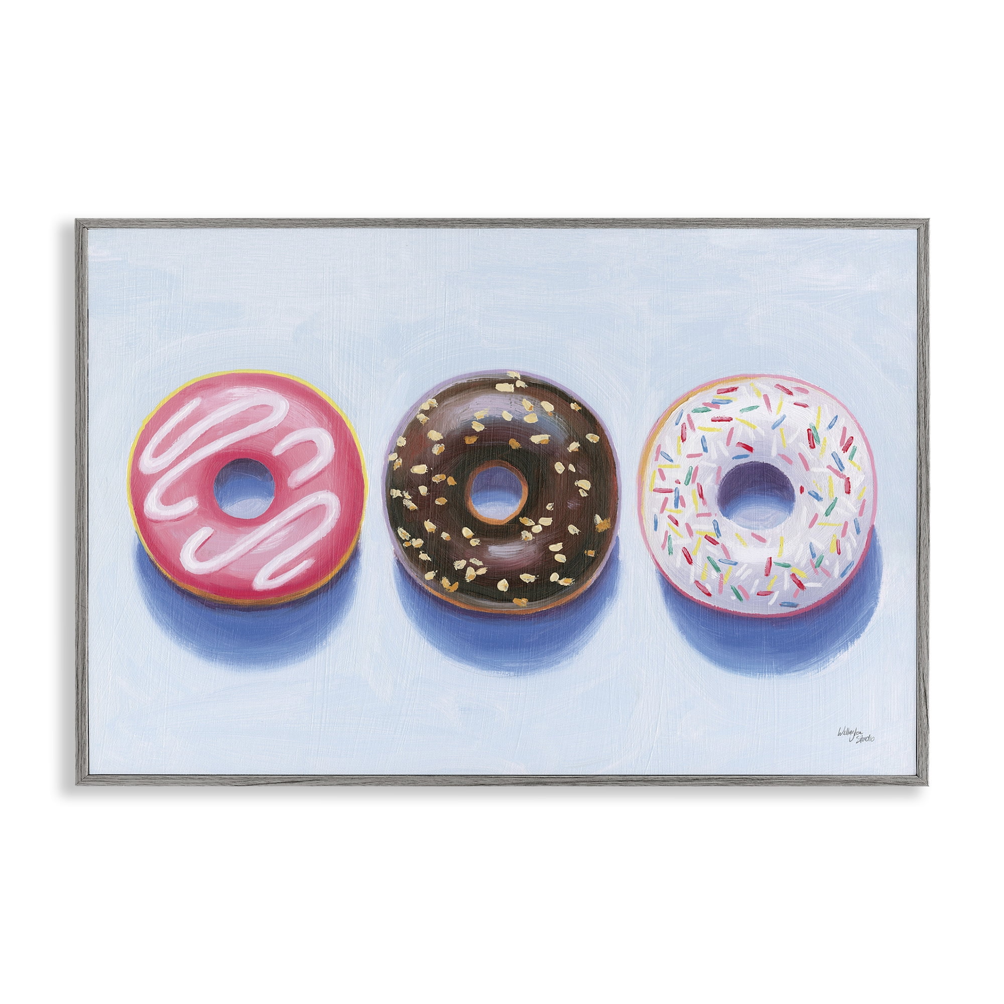 Stupell Industries Three Doughnuts Trio Food & Beverage Painting Gray Framed Art Print Wall Art, 24 x 16