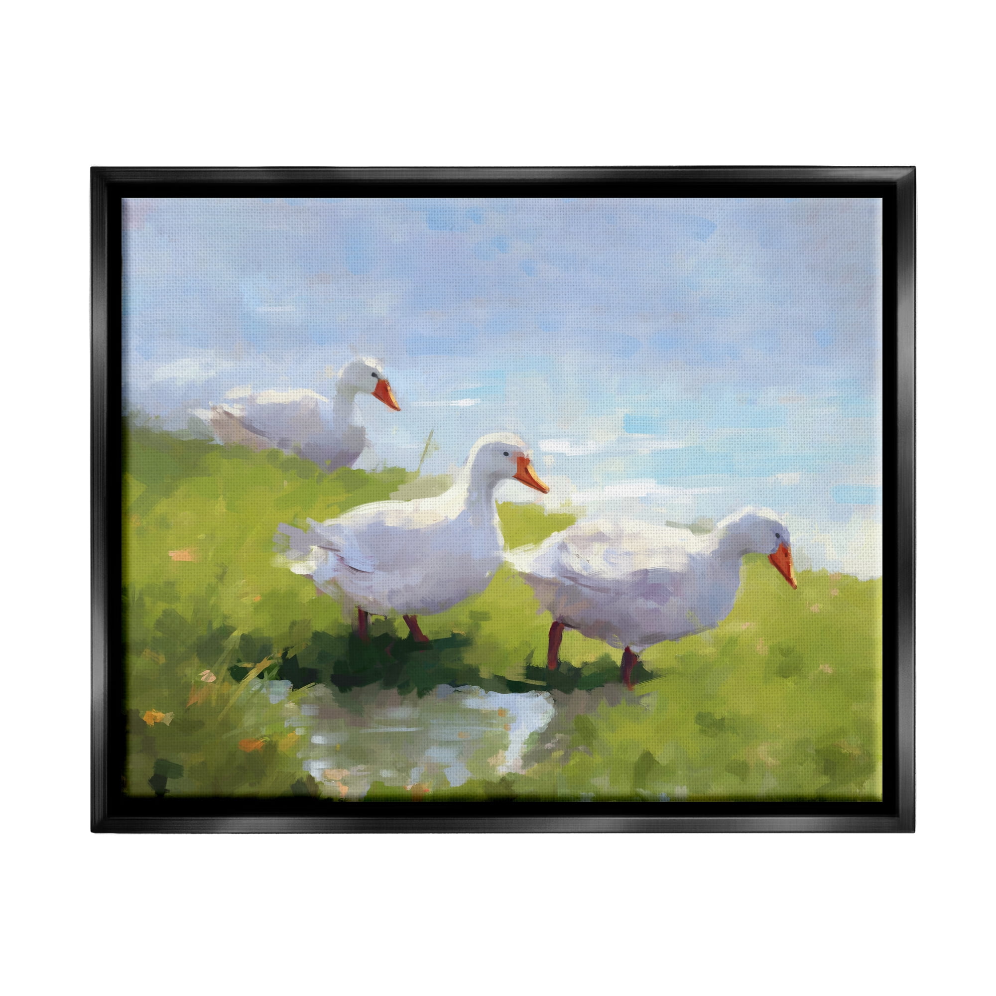 Stupell Industries Three Ducks Landscape Animals & Insects Painting Black Floater Framed Canvas Art Print Wall Art, 21 x 17