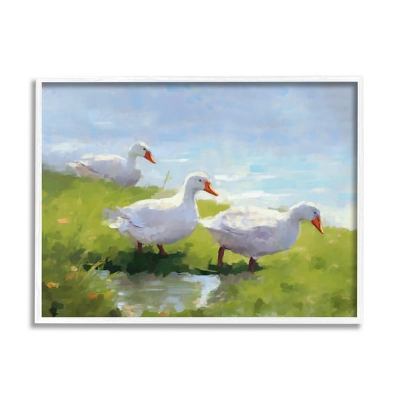 Stupell Industries Three Ducks Landscape Animals & Insects Painting White Framed Art Print Wall Art, 14 x 11
