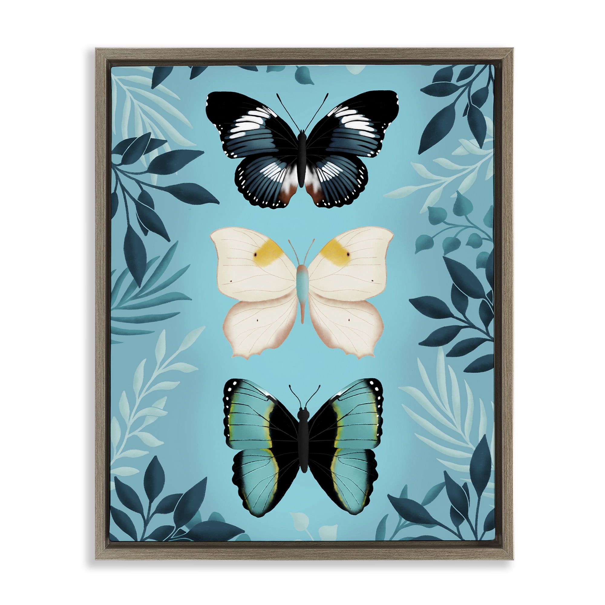 Stupell Industries Three Exotic Blue Butterflies Brown Framed Floater Canvas Wall Art, design by Metka Hiti