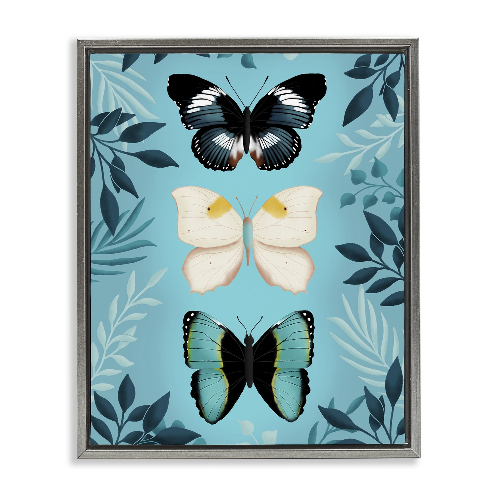 Stupell Industries Three Exotic Blue Butterflies Gray Framed Floater Canvas Wall Art, design by Metka Hiti