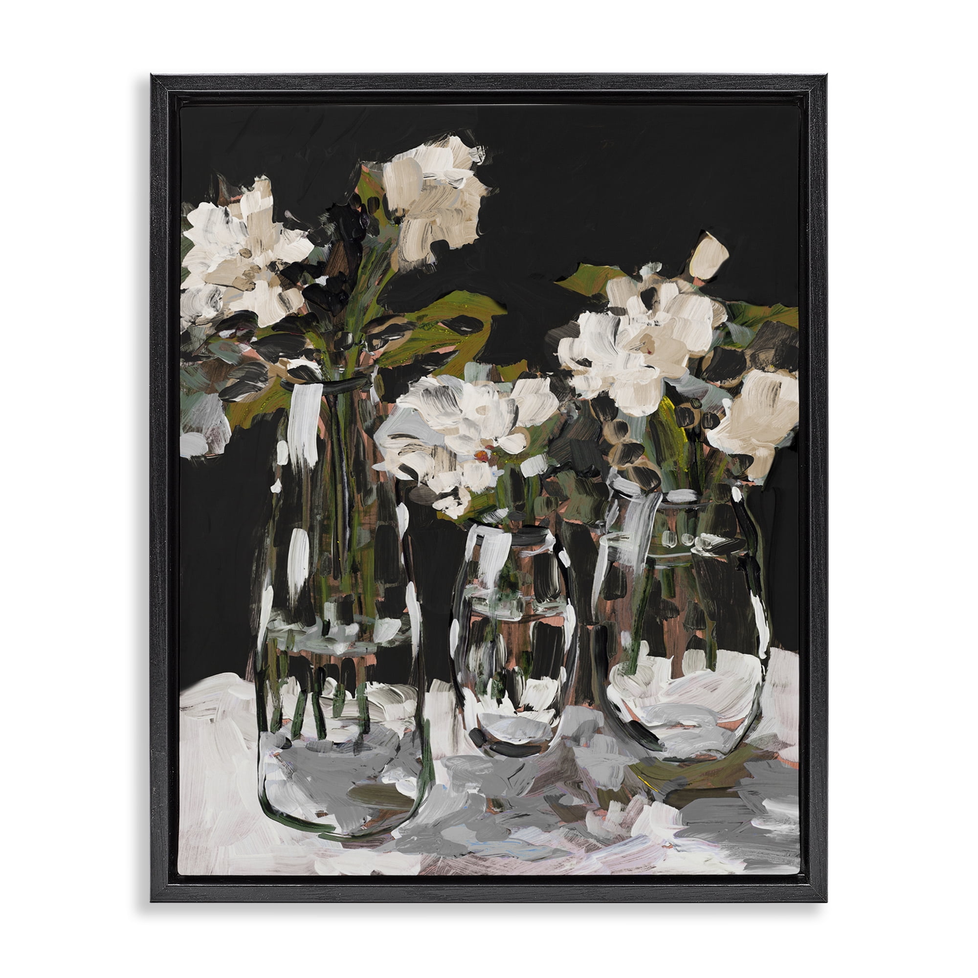 Stupell Industries Three Flower Vases on Black Black Framed Floater Canvas Wall Art, design by Jane Slivka
