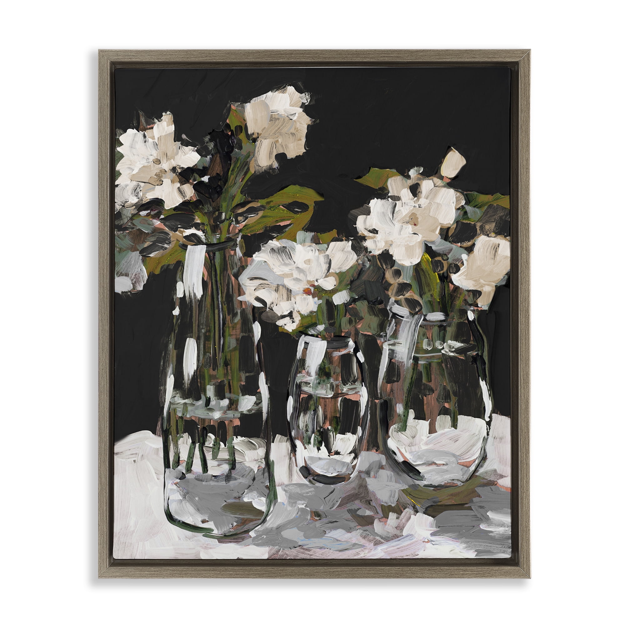 Stupell Industries Three Flower Vases on Black Brown Framed Floater Canvas Wall Art, design by Jane Slivka