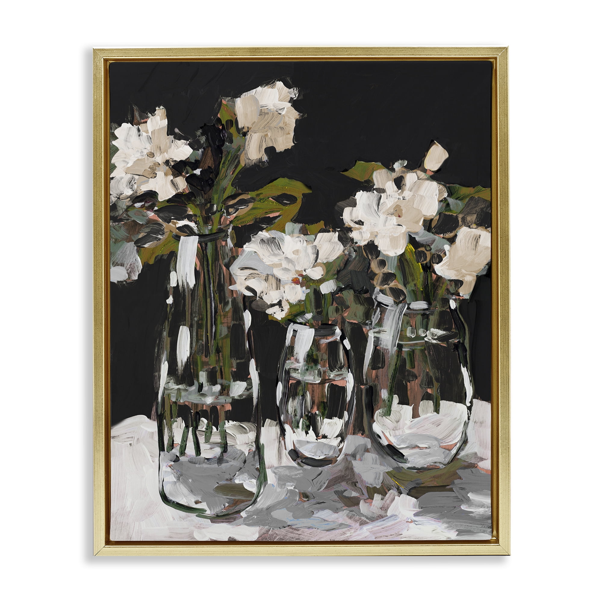 Stupell Industries Three Flower Vases on Black Gold Framed Floater Canvas Wall Art, design by Jane Slivka