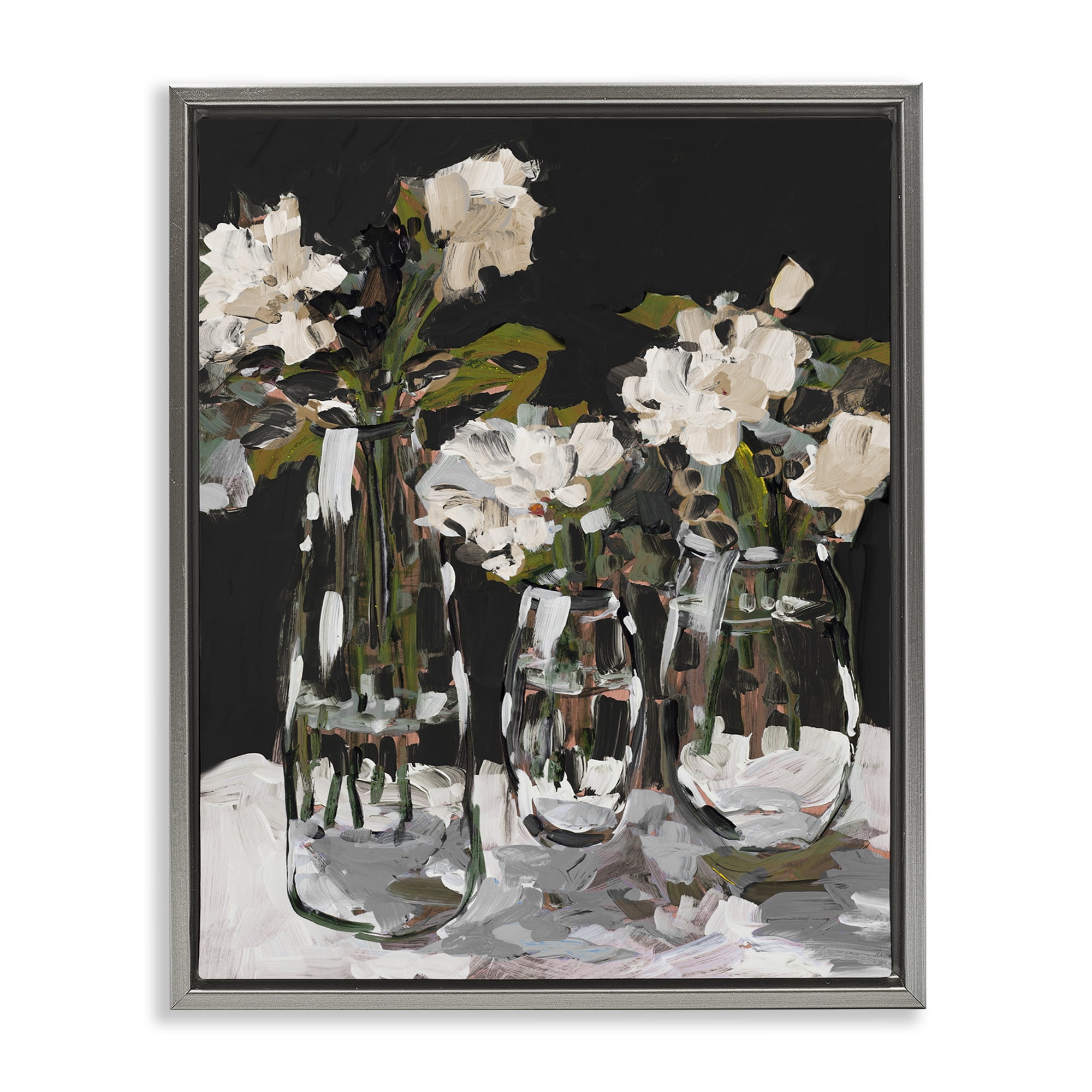 Stupell Industries Three Flower Vases on Black Gray Framed Floater Canvas Wall Art, design by Jane Slivka