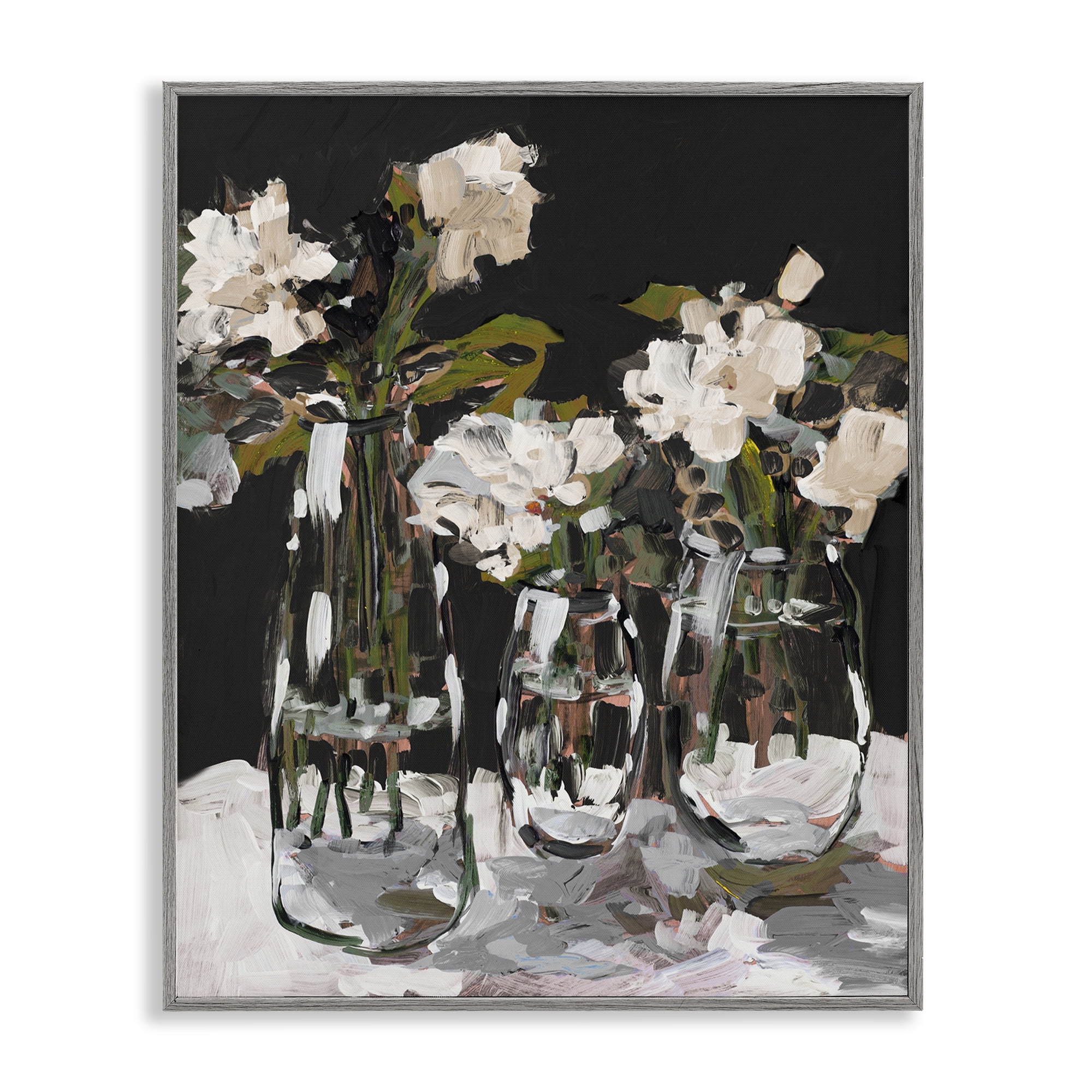 Stupell Industries Three Flower Vases on Black Gray Framed Giclee Art, design by Jane Slivka
