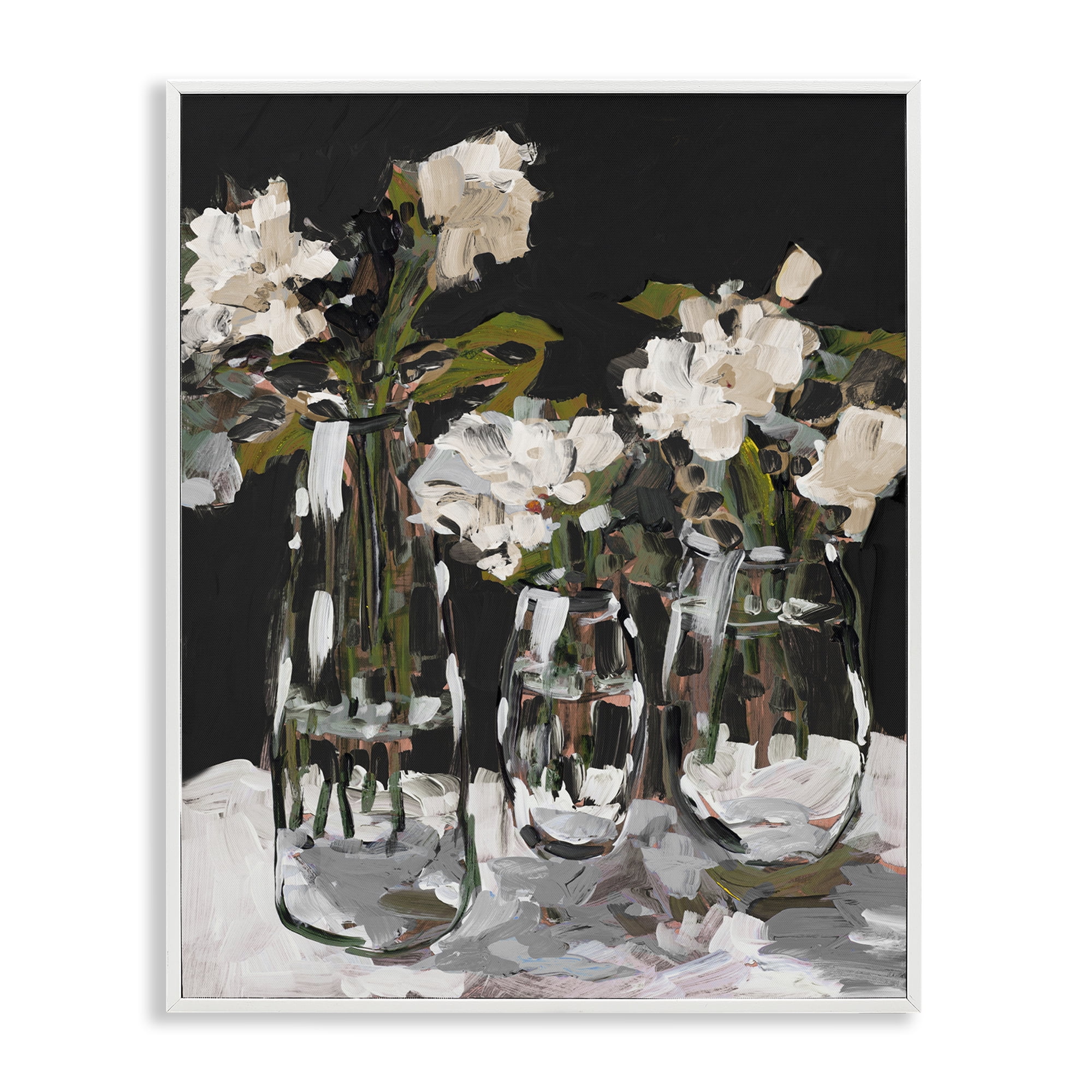 Stupell Industries Three Flower Vases on Black White Framed Giclee Art, design by Jane Slivka