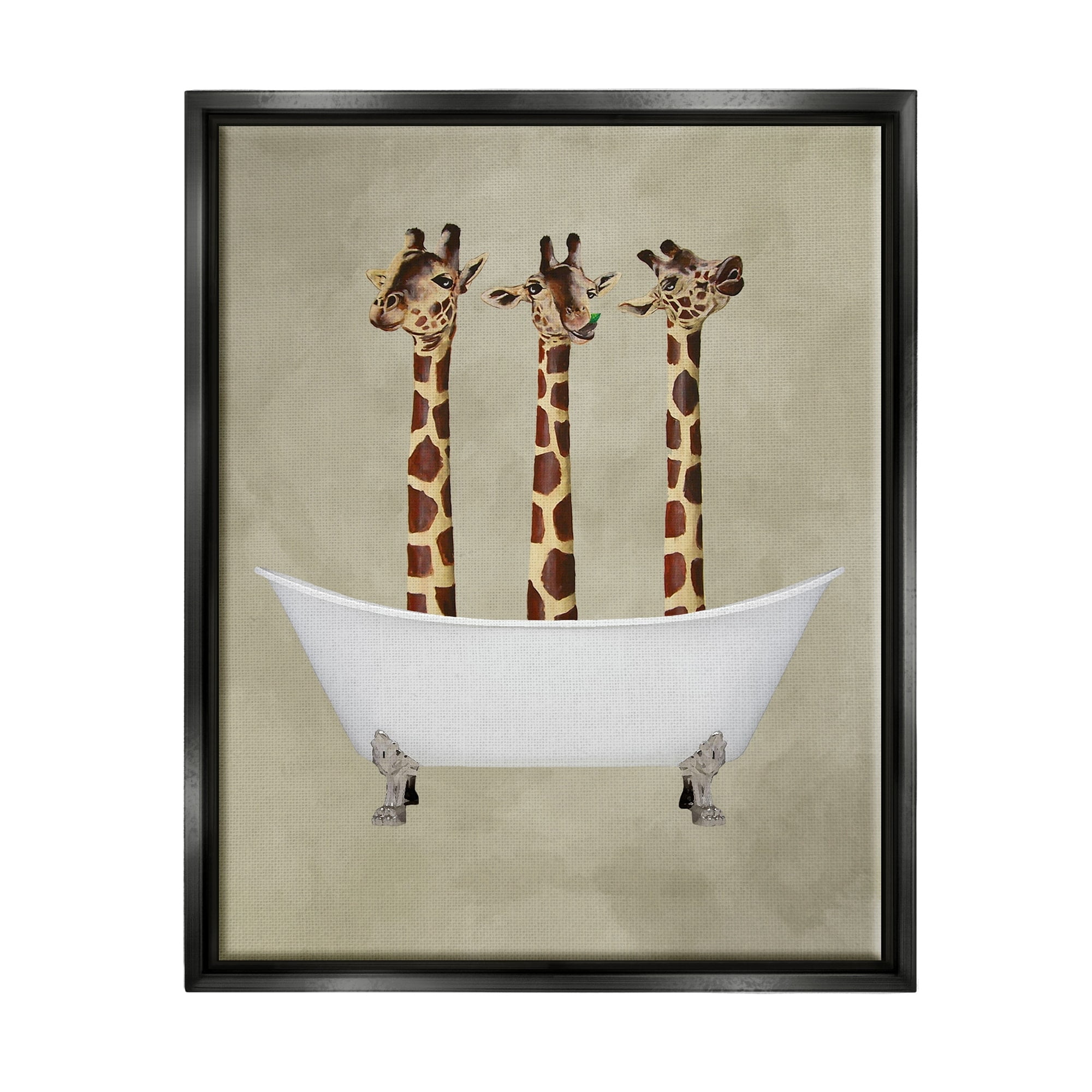 Stupell Industries Three Giraffes In A Bathtub Luster Gray Framed Floating Canvas Wall Art, 16x20, by Coco de Paris