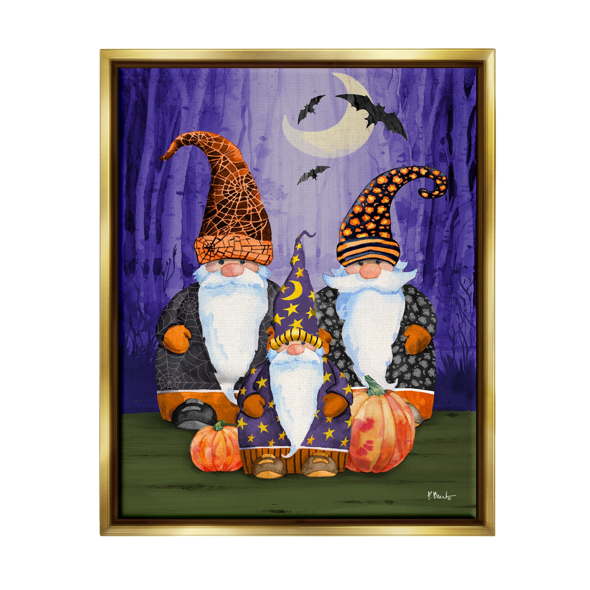 Stupell Industries Three Halloween Gnomes Holiday Painting Gold Floater Framed Art Print Wall Art, 17 x 21