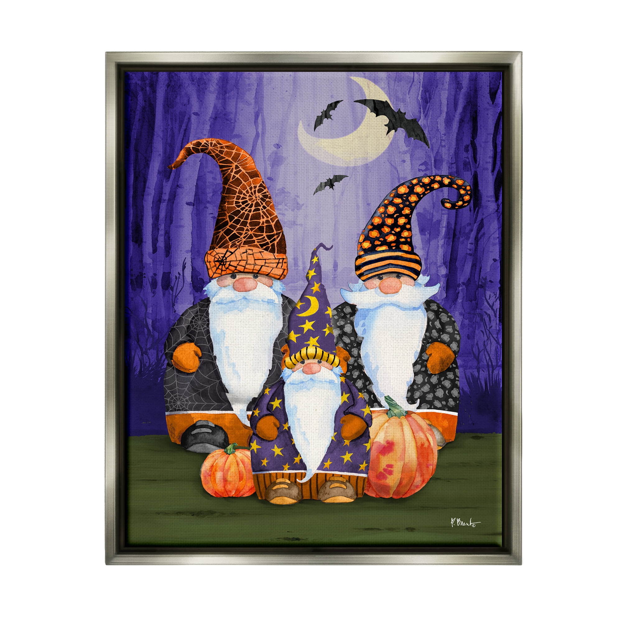 Stupell Industries Three Halloween Gnomes Holiday Painting Gray Floater Framed Art Print Wall Art, 17 x 21