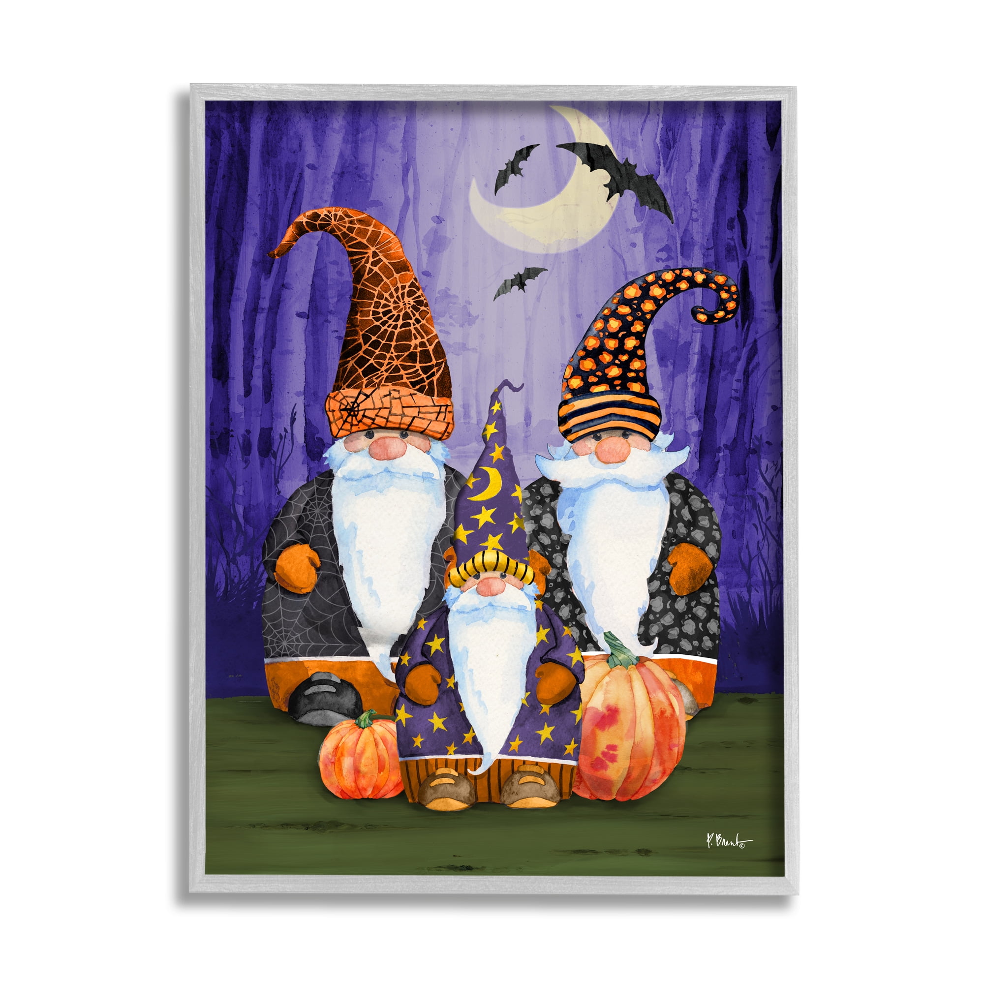 Stupell Industries Three Halloween Gnomes Holiday Painting Gray Framed Art Print Wall Art, 11 x 14