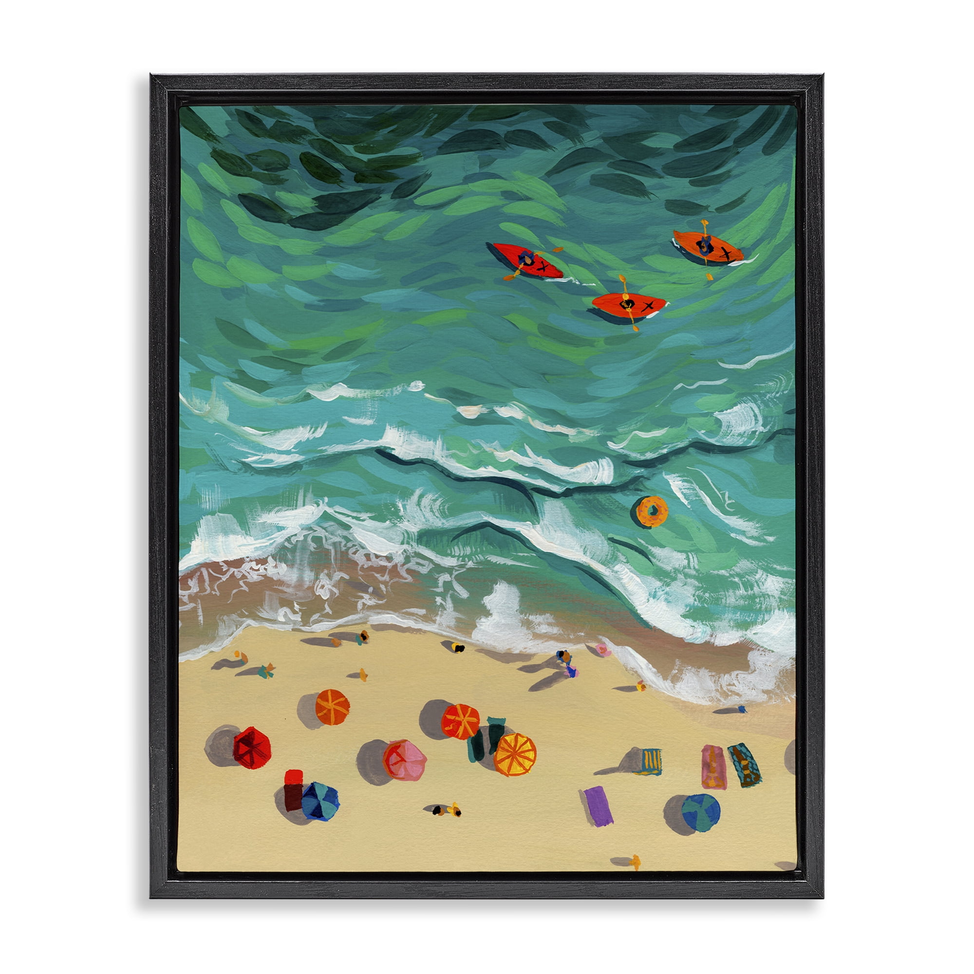 Stupell Industries Three Kayaks in Turquoise Waves Black Framed Floater Canvas Wall Art, design by Brook Page