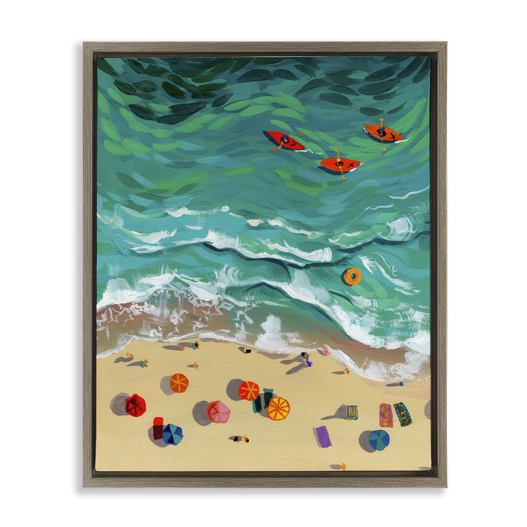 Stupell Industries Three Kayaks in Turquoise Waves Brown Framed Floater Canvas Wall Art, design by Brook Page