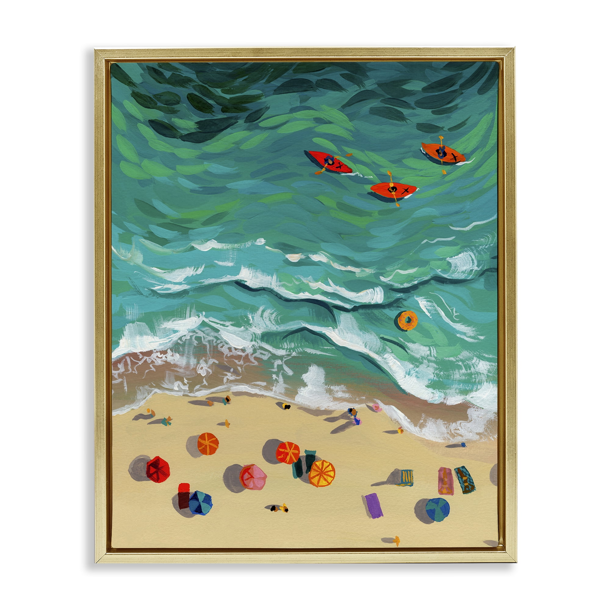 Stupell Industries Three Kayaks in Turquoise Waves Gold Framed Floater Canvas Wall Art, design by Brook Page