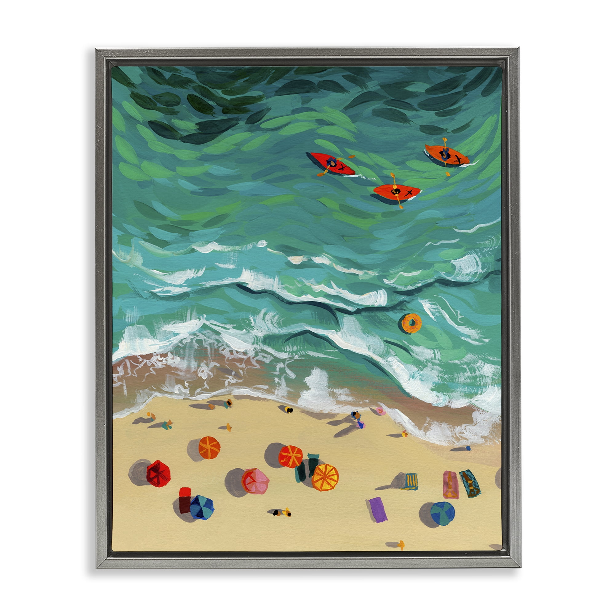 Stupell Industries Three Kayaks in Turquoise Waves Gray Framed Floater Canvas Wall Art, design by Brook Page