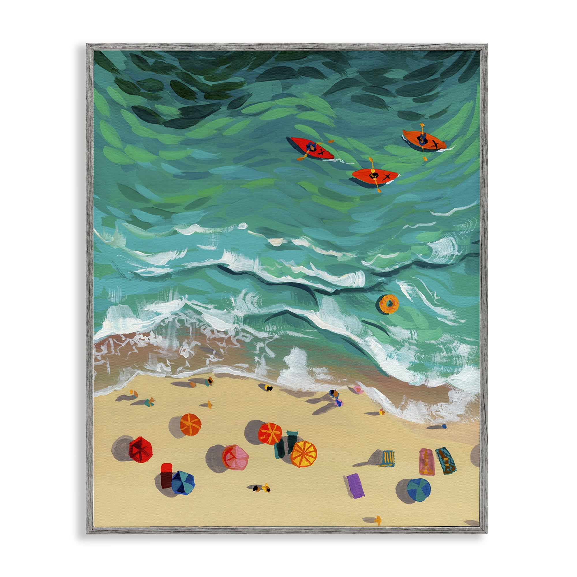 Stupell Industries Three Kayaks in Turquoise Waves Gray Framed Giclee Art, design by Brook Page