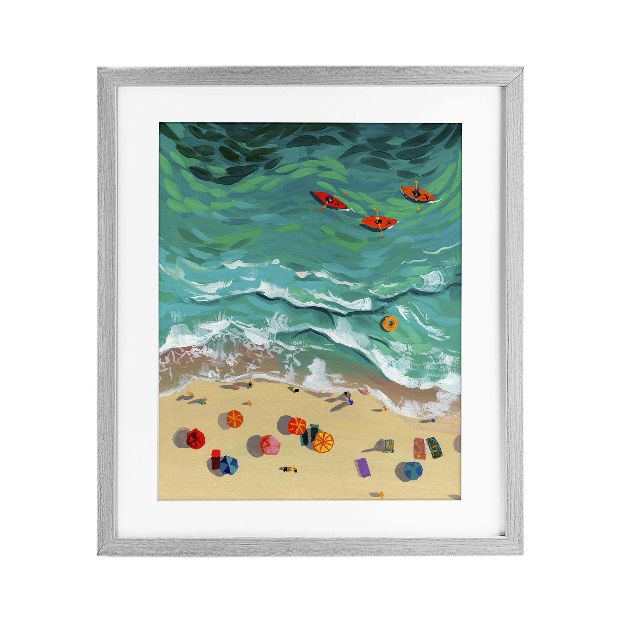 Stupell Industries Three Kayaks in Turquoise Waves Gray Framed Print Under Glass, design by Brook Page