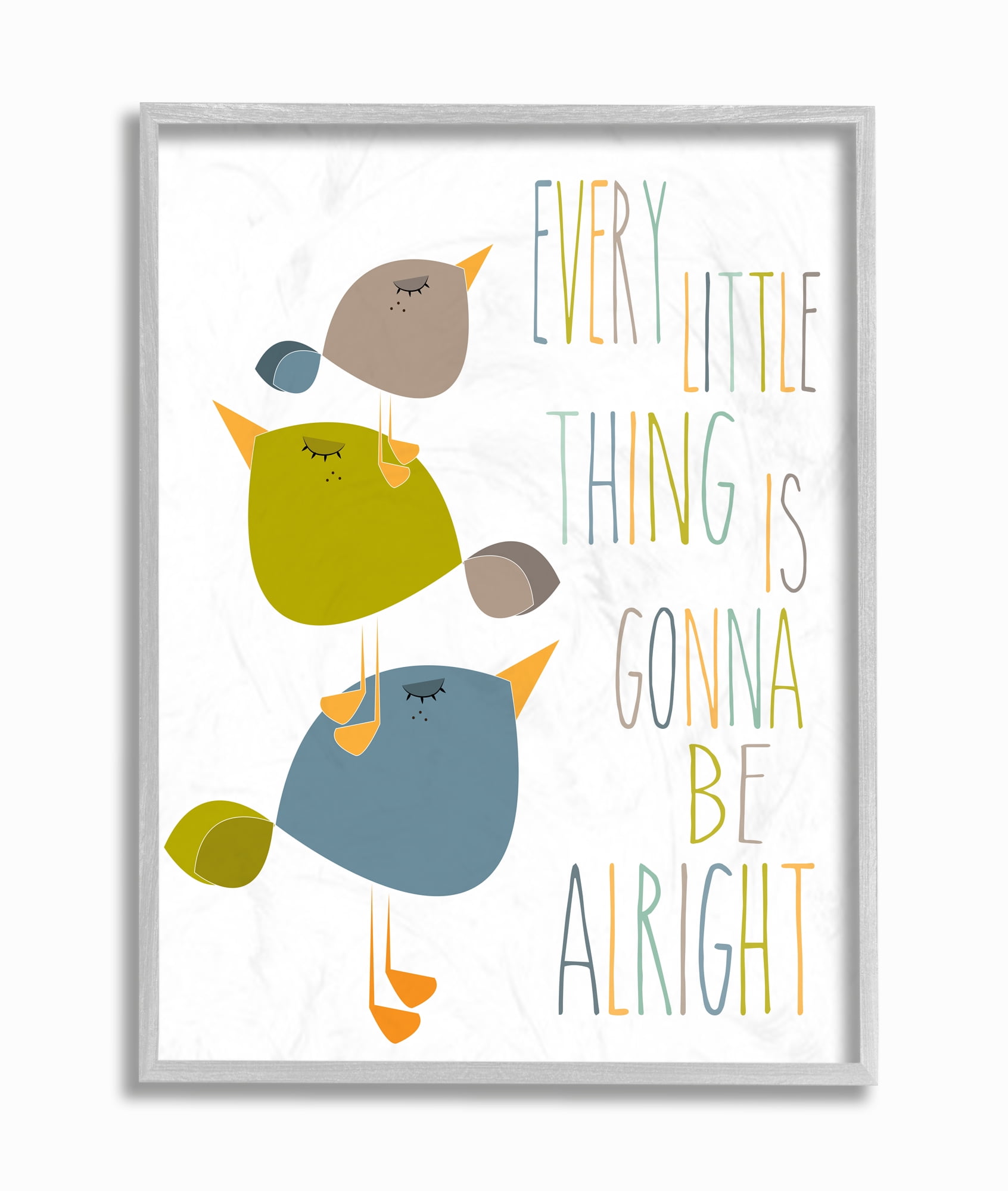Stupell Industries Three Little Birds Print Green Tan and Blue Graphic Art Gray Framed Art Print Wall Art, 16x20, by Karen Zukowski (Finny And Zook)