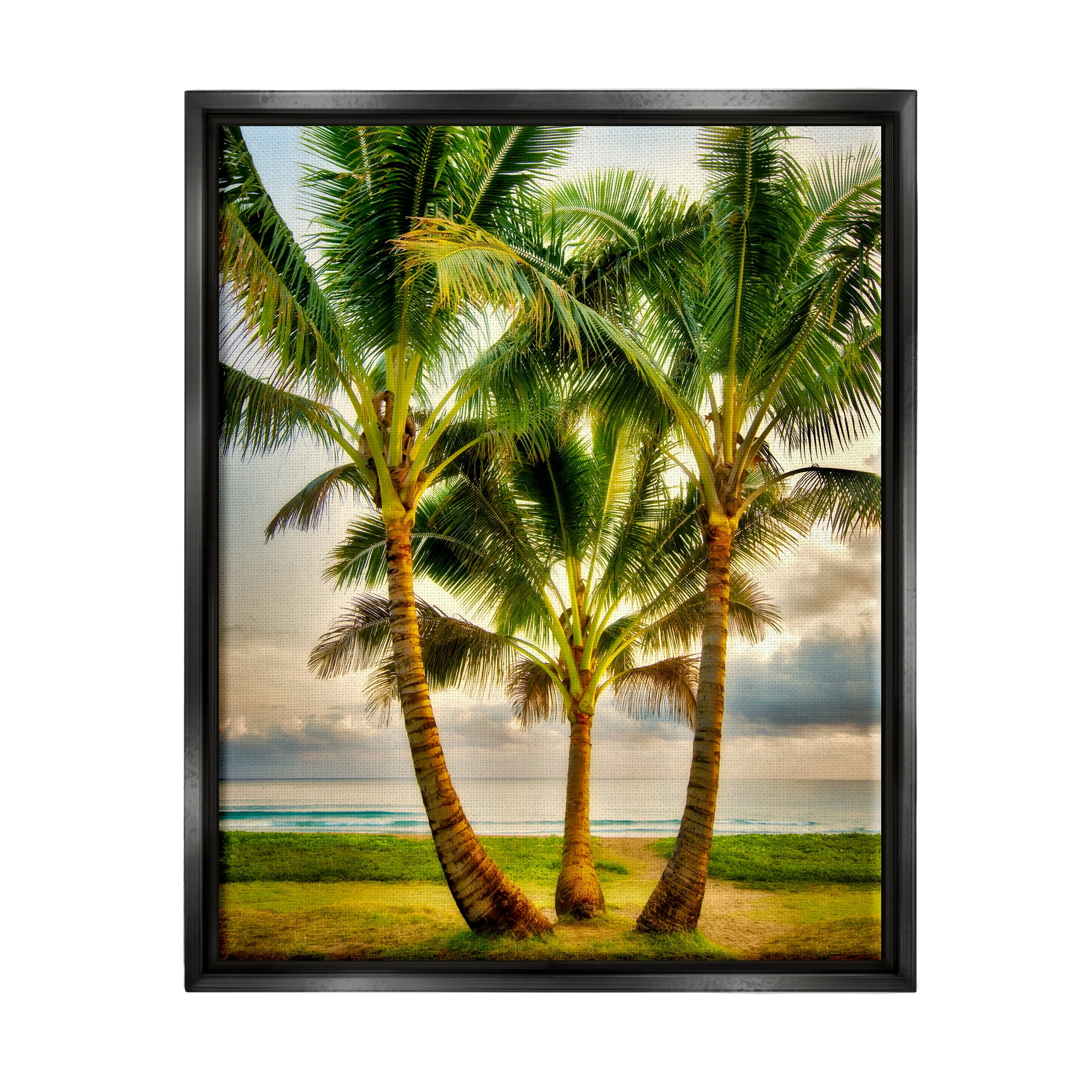 Stupell Industries Three Palm Trees on Beach Nature Painting Black Floater Framed Art Print Wall Art, 17 x 21
